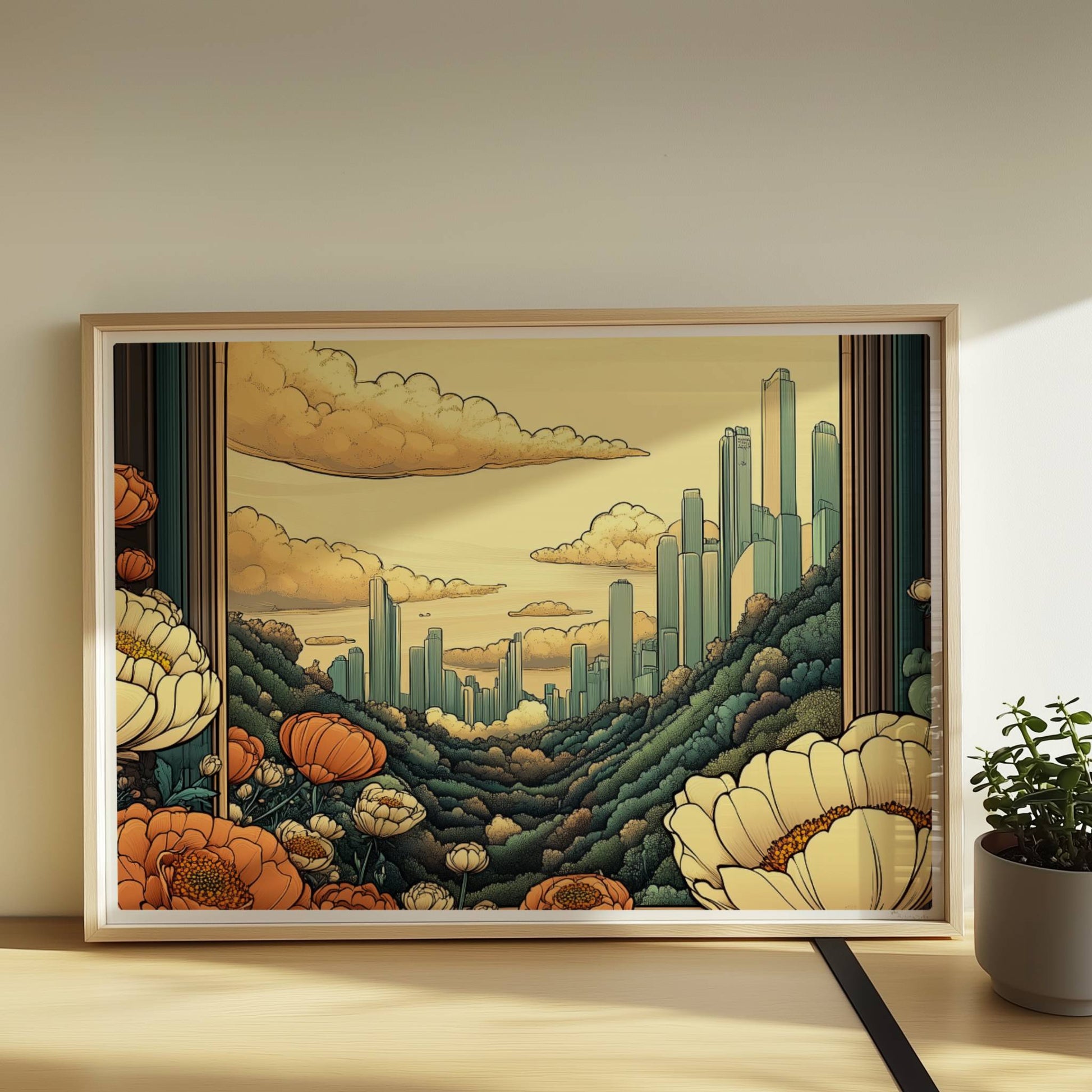 Ausblick durch einen großen Bogen auf futuristische Skyline zwischen bewaldeten Hügeln, Blumenwiese im Vordergrund, warme goldene Farbtöne.. Rahmen natur 70x50