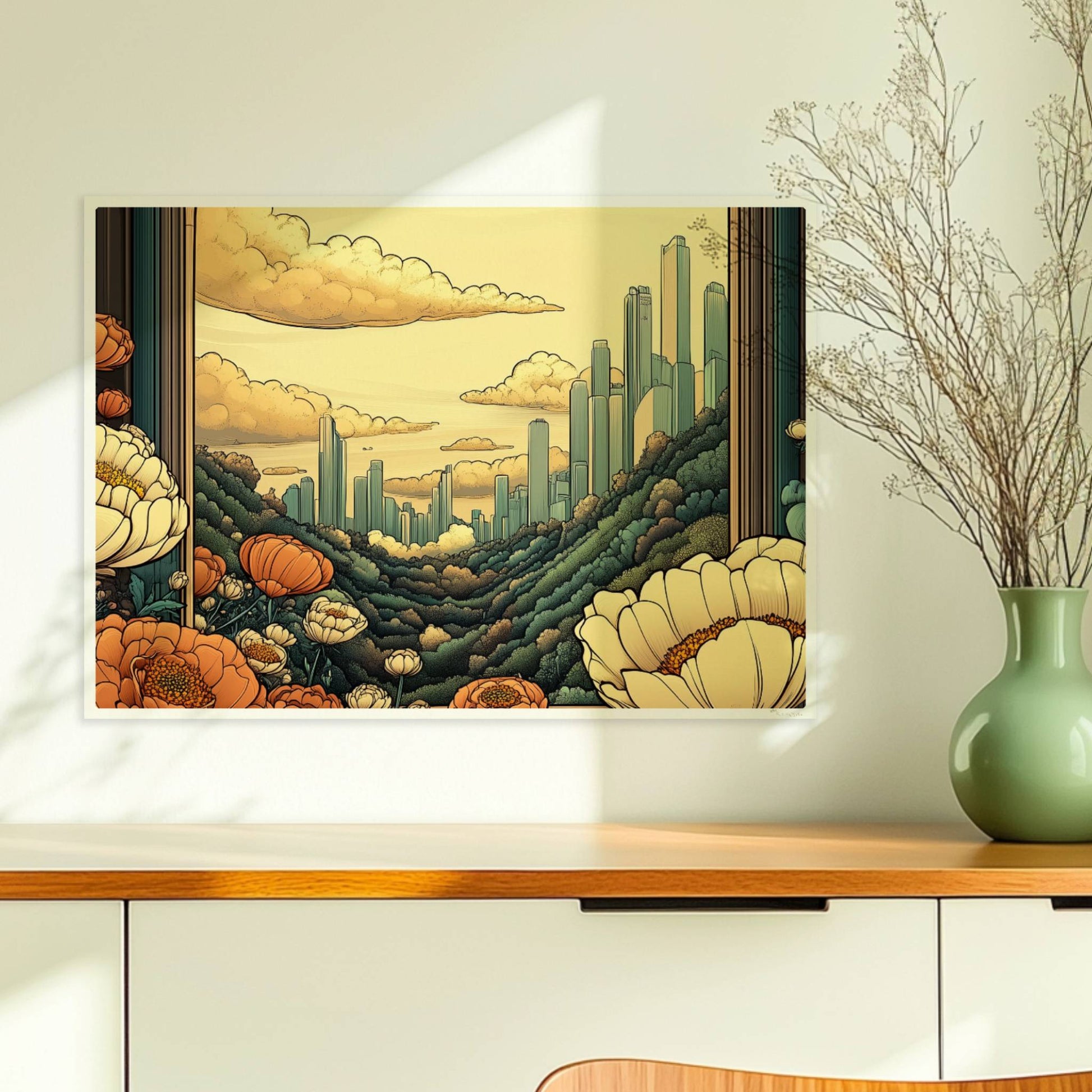 Ausblick durch einen großen Bogen auf futuristische Skyline zwischen bewaldeten Hügeln, Blumenwiese im Vordergrund, warme goldene Farbtöne.. Ohne Rahmen 70x50