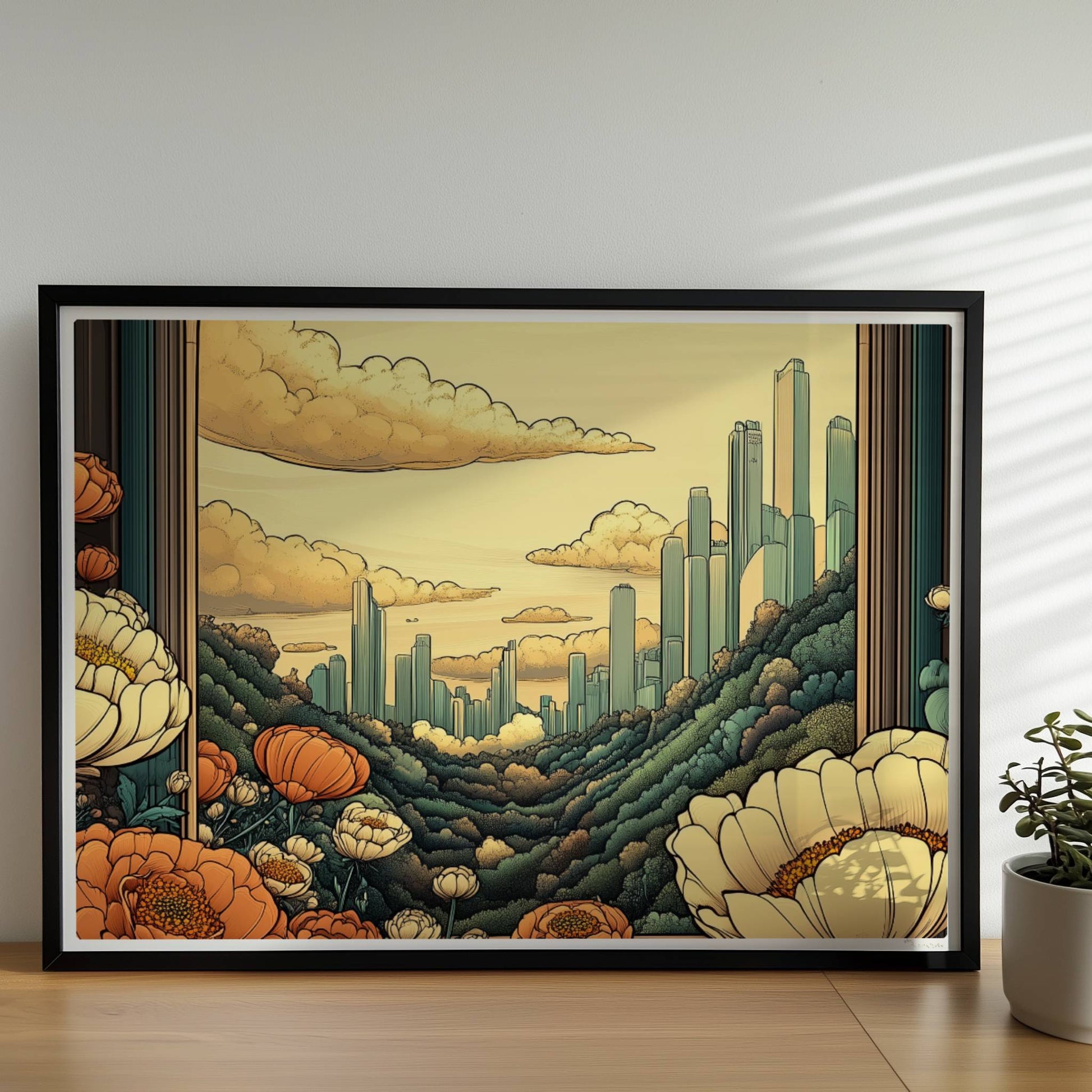 Ausblick durch einen großen Bogen auf futuristische Skyline zwischen bewaldeten Hügeln, Blumenwiese im Vordergrund, warme goldene Farbtöne.. Rahmen schwarz 70x50