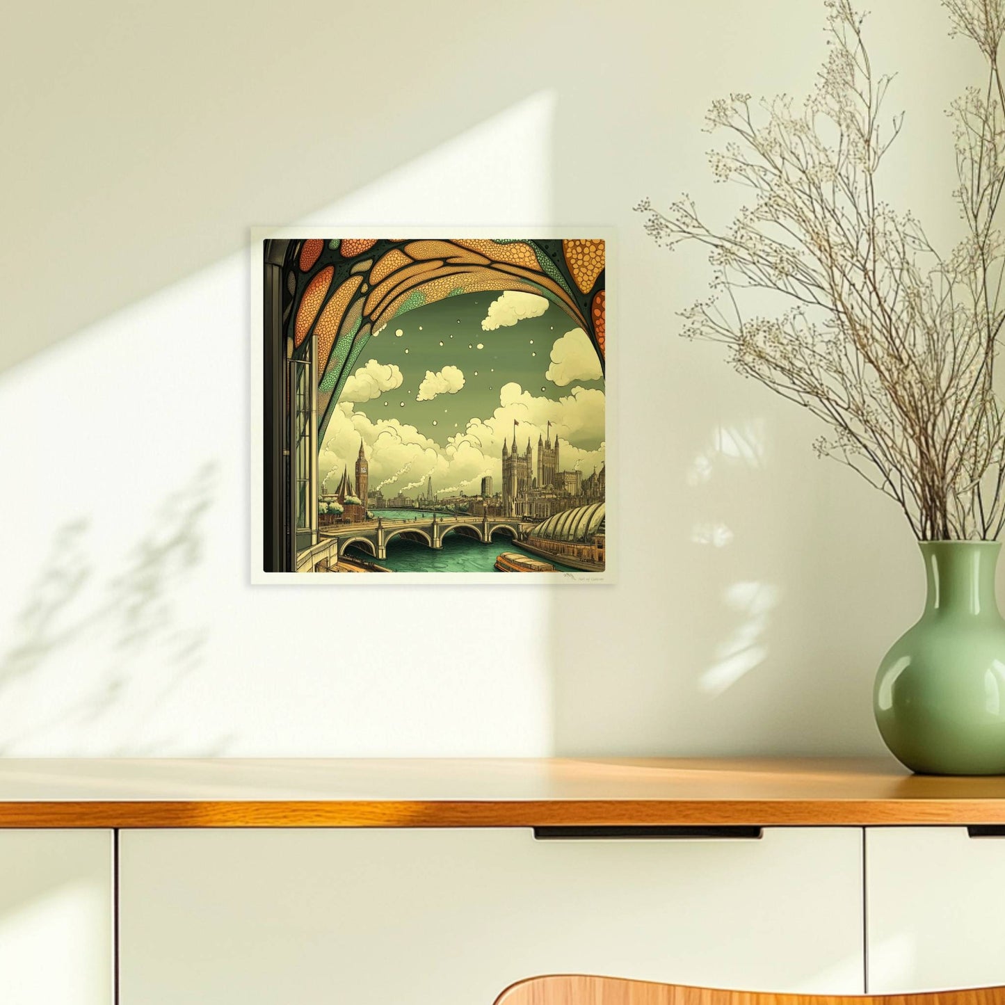 Ausblick durch ein Jugendstil-Fenster auf eine europäische Skyline mit Brücke, Fluss und markanten Gebäuden, verspielte Ornamentik im oberen Fensterbereich.. Ohne Rahmen 30x30