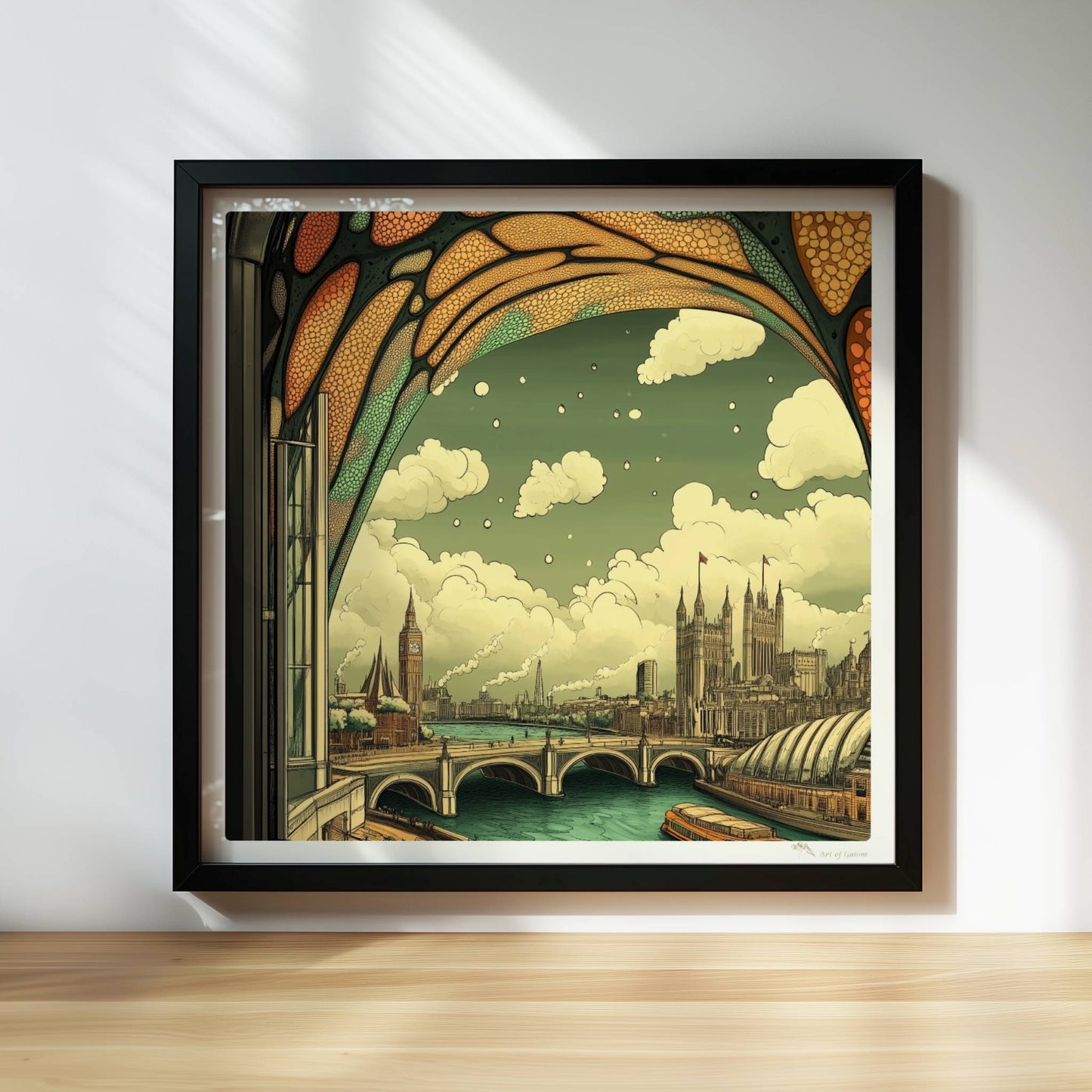 Ausblick durch ein Jugendstil-Fenster auf eine europäische Skyline mit Brücke, Fluss und markanten Gebäuden, verspielte Ornamentik im oberen Fensterbereich.. Rahmen schwarz 30x30