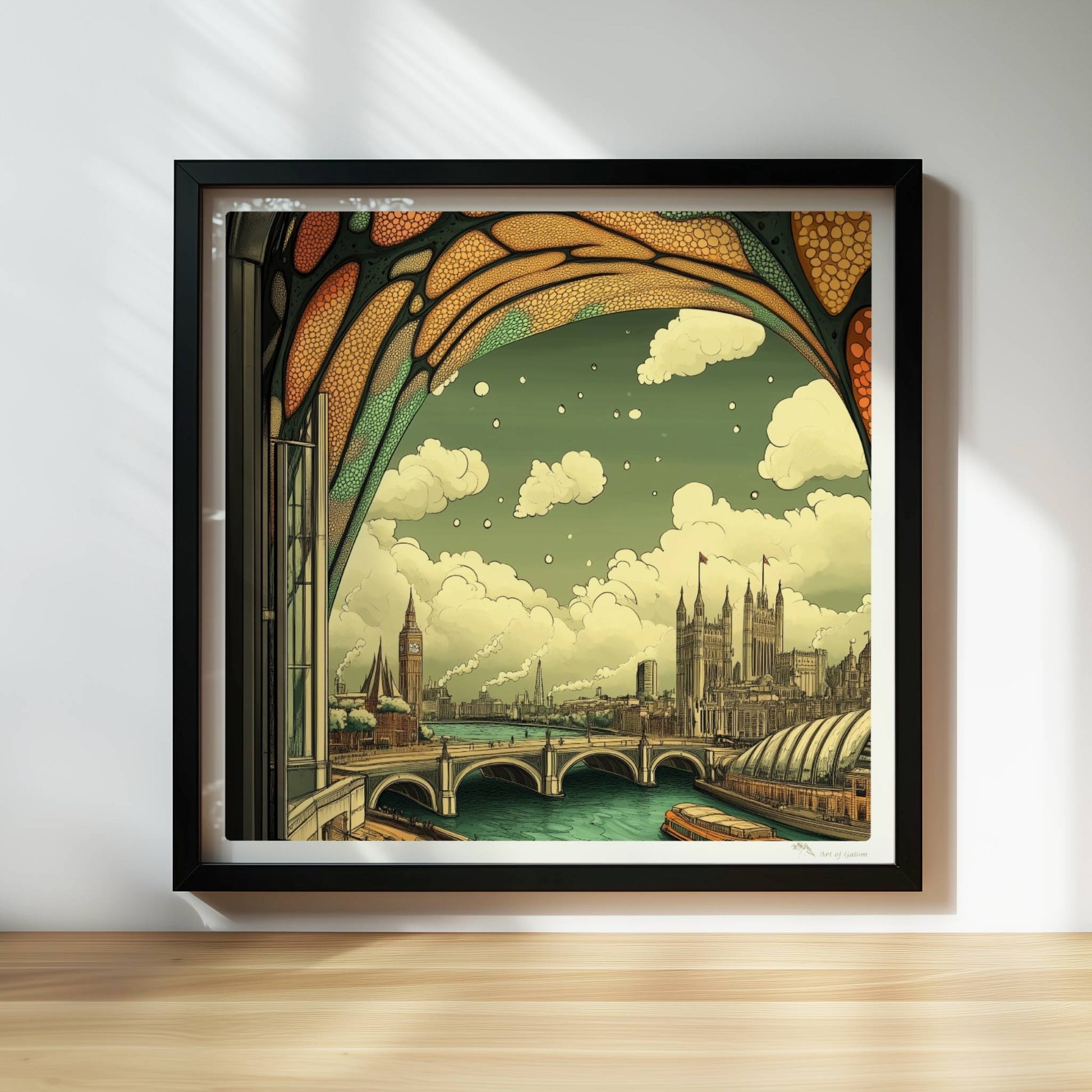 Ausblick durch ein Jugendstil-Fenster auf eine europäische Skyline mit Brücke, Fluss und markanten Gebäuden, verspielte Ornamentik im oberen Fensterbereich.. Rahmen schwarz 30x30
