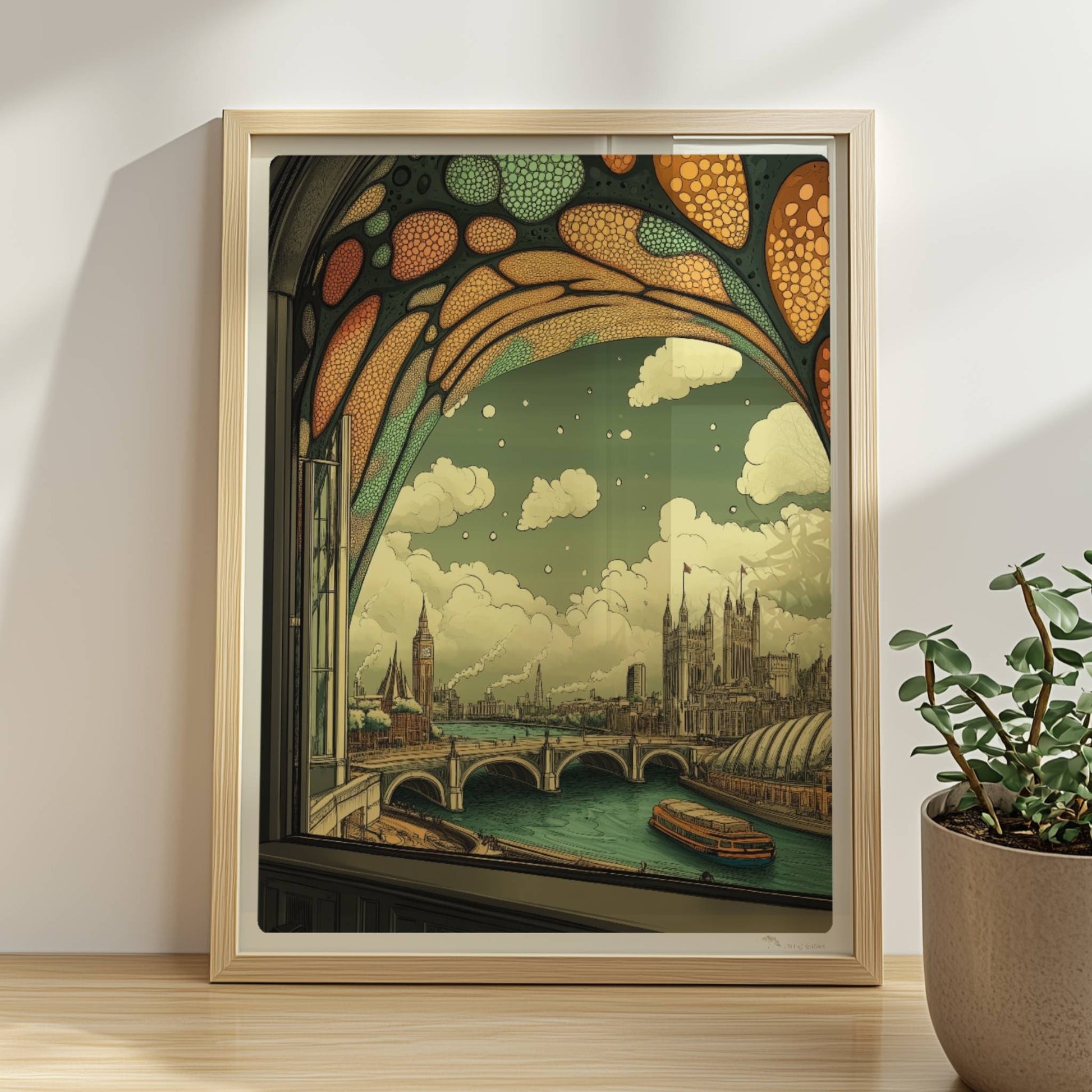 Ausblick durch ein Jugendstil-Fenster auf eine europäische Skyline mit Brücke, Fluss und markanten Gebäuden, verspielte Ornamentik im oberen Fensterbereich.. Rahmen natur 30x40