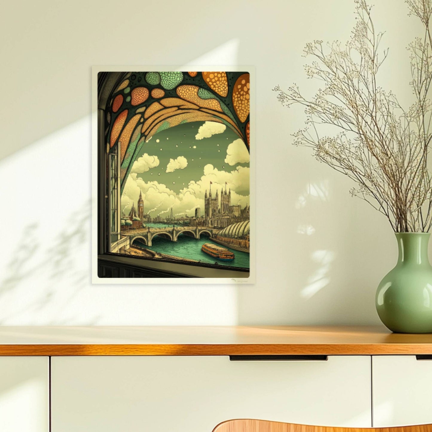 Ausblick durch ein Jugendstil-Fenster auf eine europäische Skyline mit Brücke, Fluss und markanten Gebäuden, verspielte Ornamentik im oberen Fensterbereich.. Ohne Rahmen 30x40