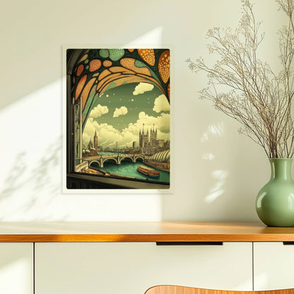 Ausblick durch ein Jugendstil-Fenster auf eine europäische Skyline mit Brücke, Fluss und markanten Gebäuden, verspielte Ornamentik im oberen Fensterbereich.. Ohne Rahmen 30x40