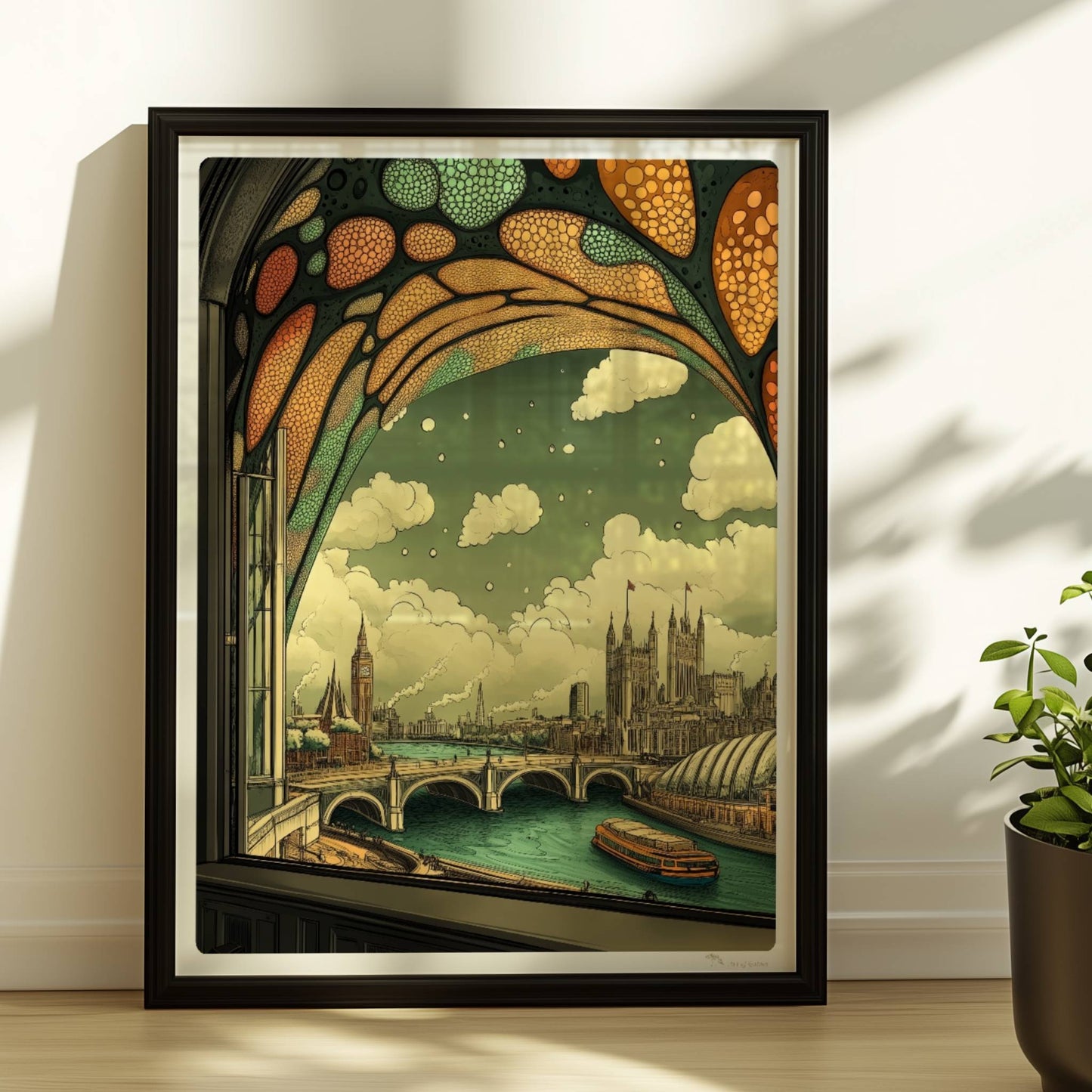 Ausblick durch ein Jugendstil-Fenster auf eine europäische Skyline mit Brücke, Fluss und markanten Gebäuden, verspielte Ornamentik im oberen Fensterbereich.. Rahmen schwarz 30x40