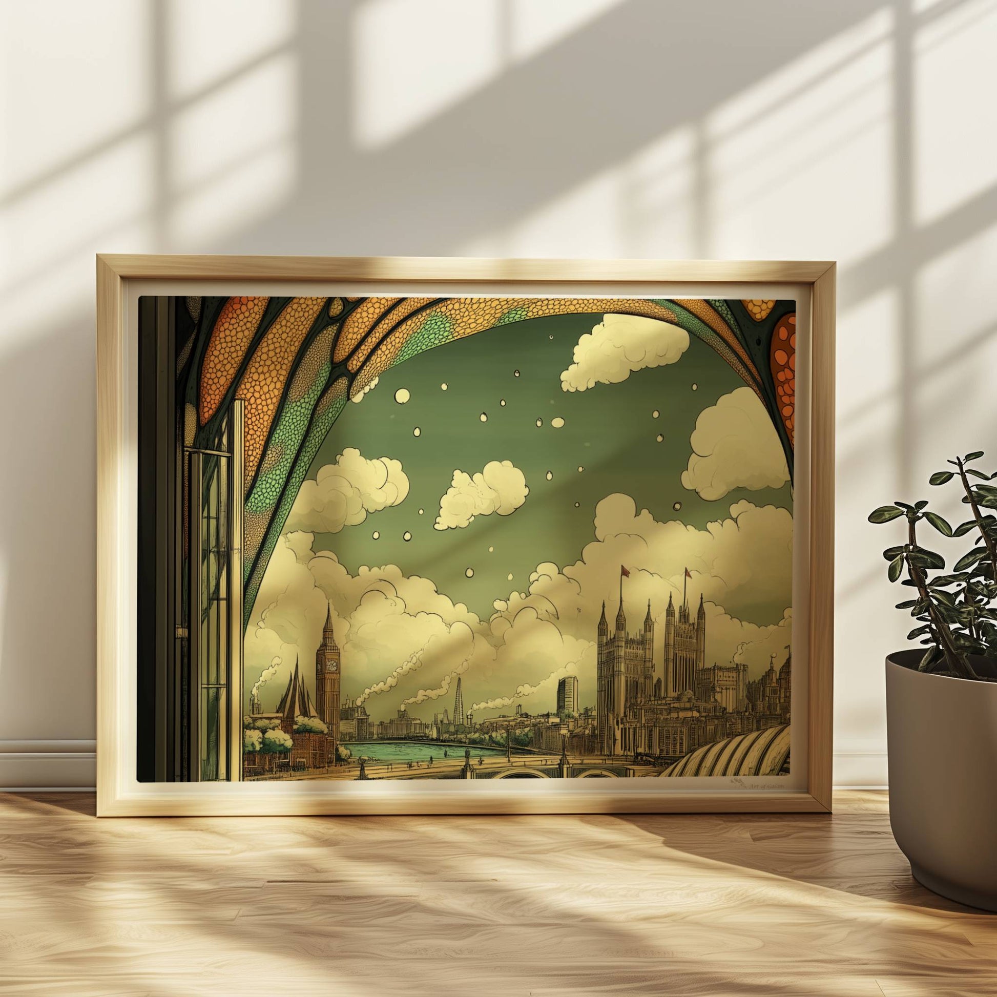 Ausblick durch ein Jugendstil-Fenster auf eine europäische Skyline mit Brücke, Fluss und markanten Gebäuden, verspielte Ornamentik im oberen Fensterbereich.. Rahmen natur 40x30