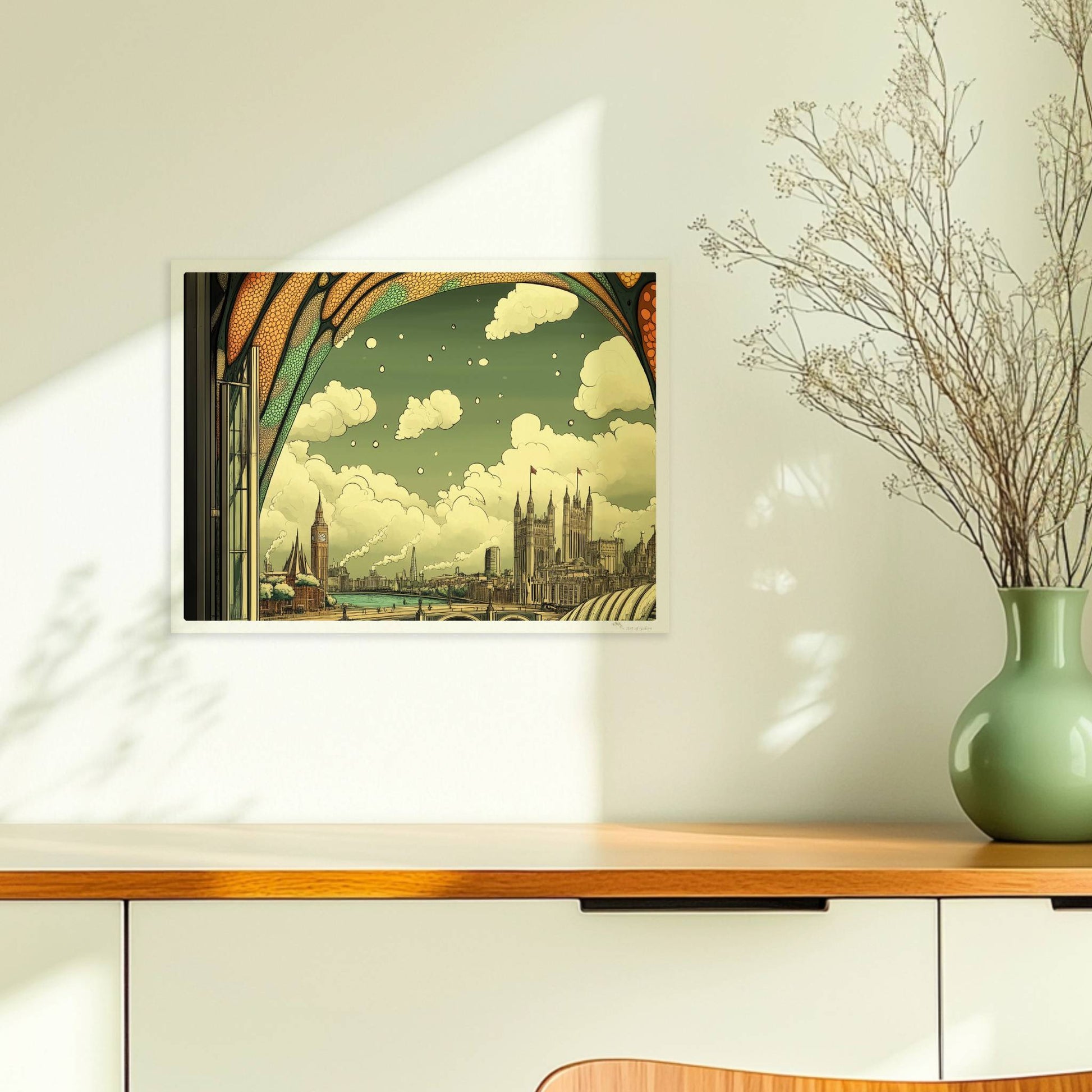 Ausblick durch ein Jugendstil-Fenster auf eine europäische Skyline mit Brücke, Fluss und markanten Gebäuden, verspielte Ornamentik im oberen Fensterbereich.. Ohne Rahmen 40x30