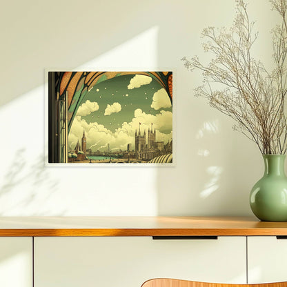 Ausblick durch ein Jugendstil-Fenster auf eine europäische Skyline mit Brücke, Fluss und markanten Gebäuden, verspielte Ornamentik im oberen Fensterbereich.. Ohne Rahmen 40x30