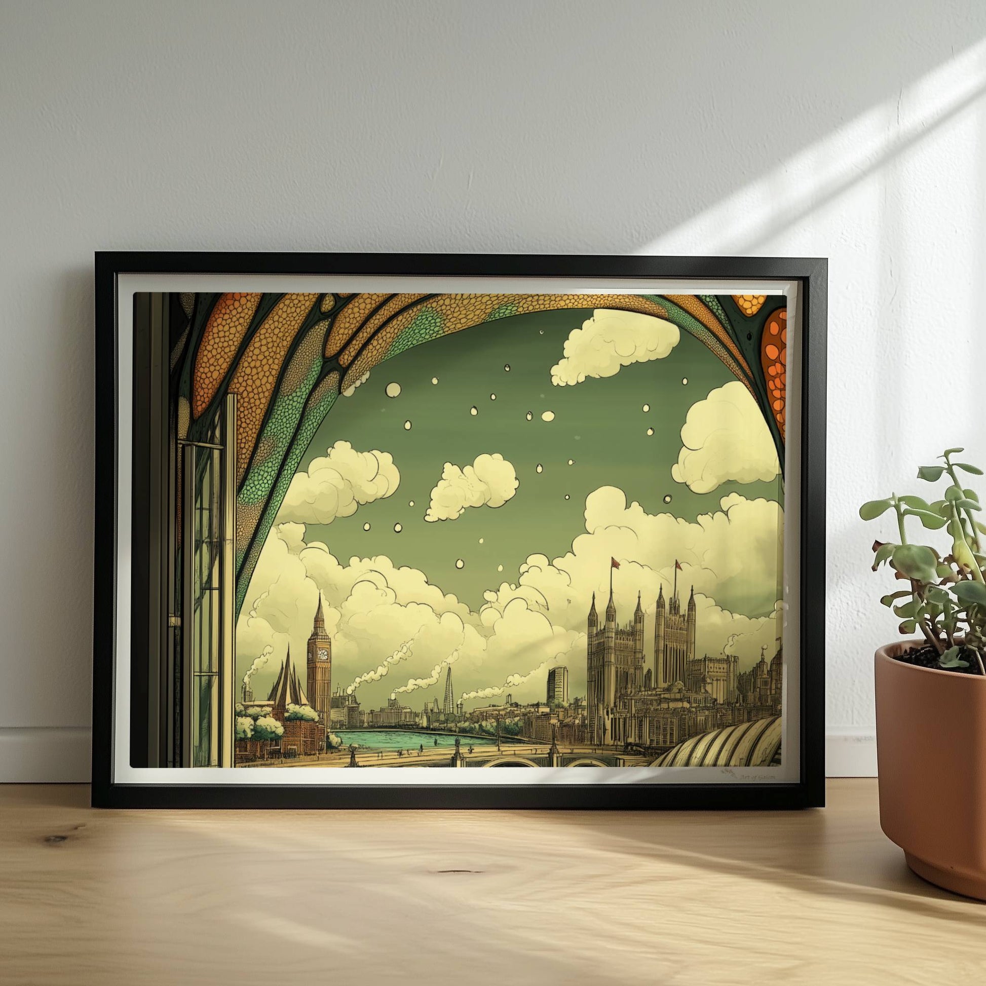 Ausblick durch ein Jugendstil-Fenster auf eine europäische Skyline mit Brücke, Fluss und markanten Gebäuden, verspielte Ornamentik im oberen Fensterbereich.. Rahmen schwarz 40x30