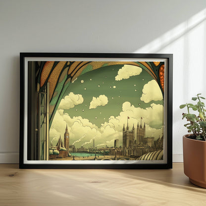 Ausblick durch ein Jugendstil-Fenster auf eine europäische Skyline mit Brücke, Fluss und markanten Gebäuden, verspielte Ornamentik im oberen Fensterbereich.. Rahmen schwarz 40x30