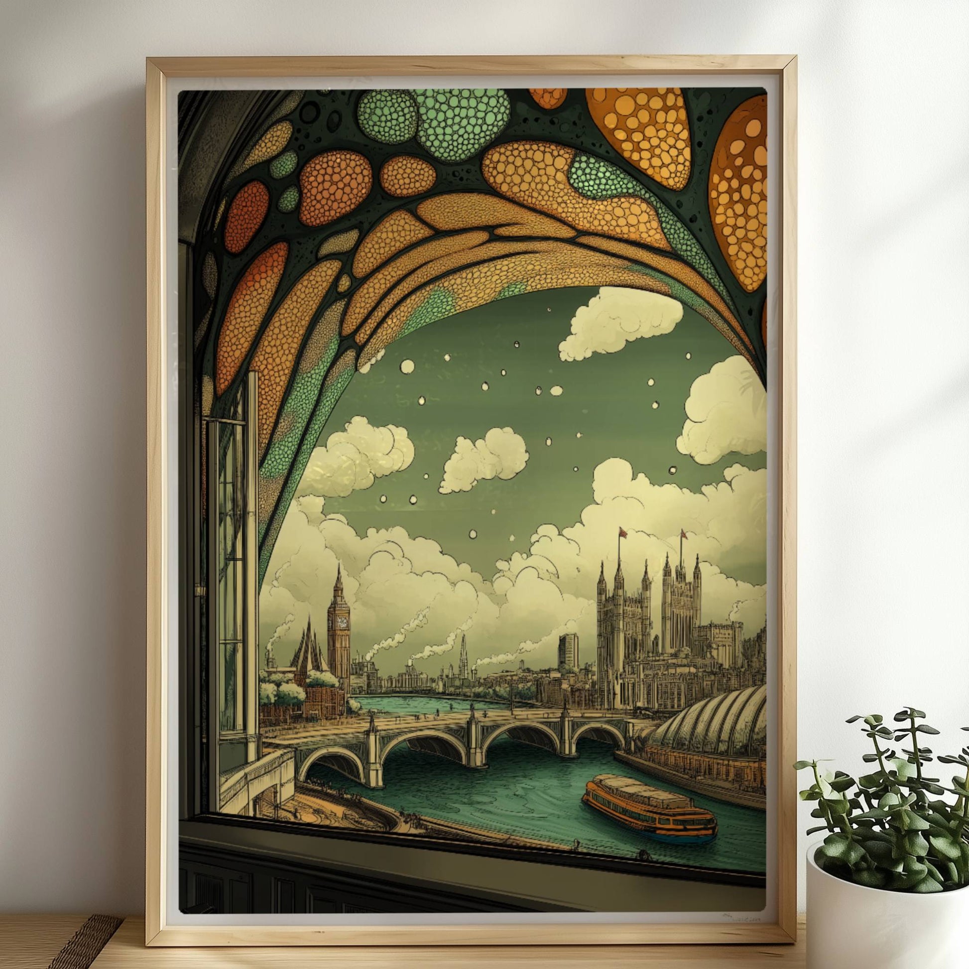 Ausblick durch ein Jugendstil-Fenster auf eine europäische Skyline mit Brücke, Fluss und markanten Gebäuden, verspielte Ornamentik im oberen Fensterbereich.. Rahmen natur 50x70