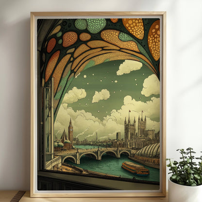 Ausblick durch ein Jugendstil-Fenster auf eine europäische Skyline mit Brücke, Fluss und markanten Gebäuden, verspielte Ornamentik im oberen Fensterbereich.. Rahmen natur 50x70