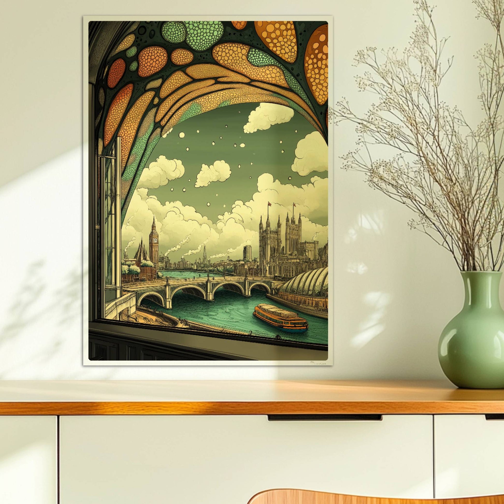 Ausblick durch ein Jugendstil-Fenster auf eine europäische Skyline mit Brücke, Fluss und markanten Gebäuden, verspielte Ornamentik im oberen Fensterbereich.. Ohne Rahmen 50x70