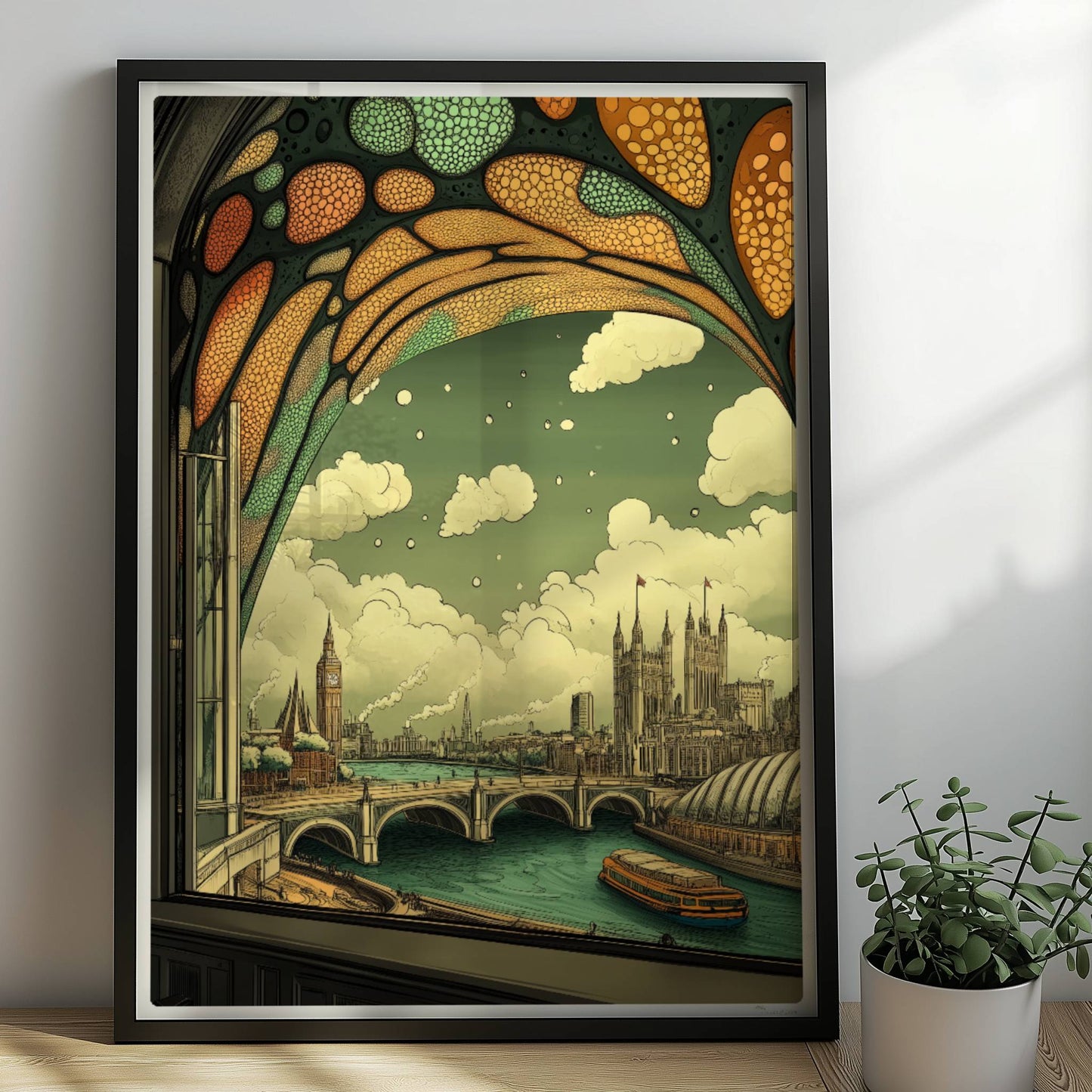 Ausblick durch ein Jugendstil-Fenster auf eine europäische Skyline mit Brücke, Fluss und markanten Gebäuden, verspielte Ornamentik im oberen Fensterbereich.. Rahmen schwarz 50x70