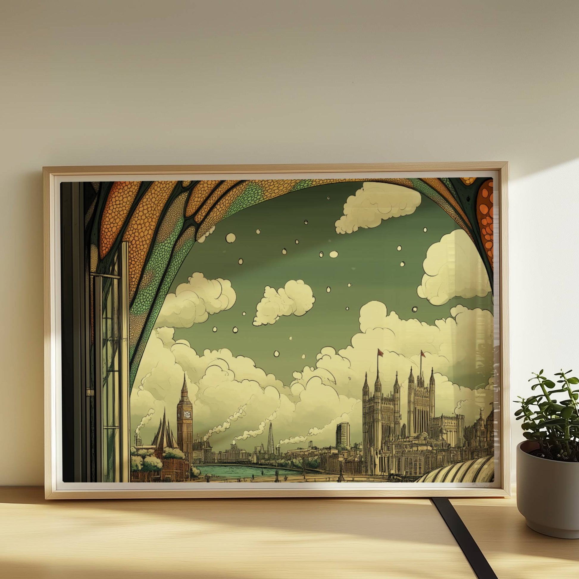 Ausblick durch ein Jugendstil-Fenster auf eine europäische Skyline mit Brücke, Fluss und markanten Gebäuden, verspielte Ornamentik im oberen Fensterbereich.. Rahmen natur 70x50