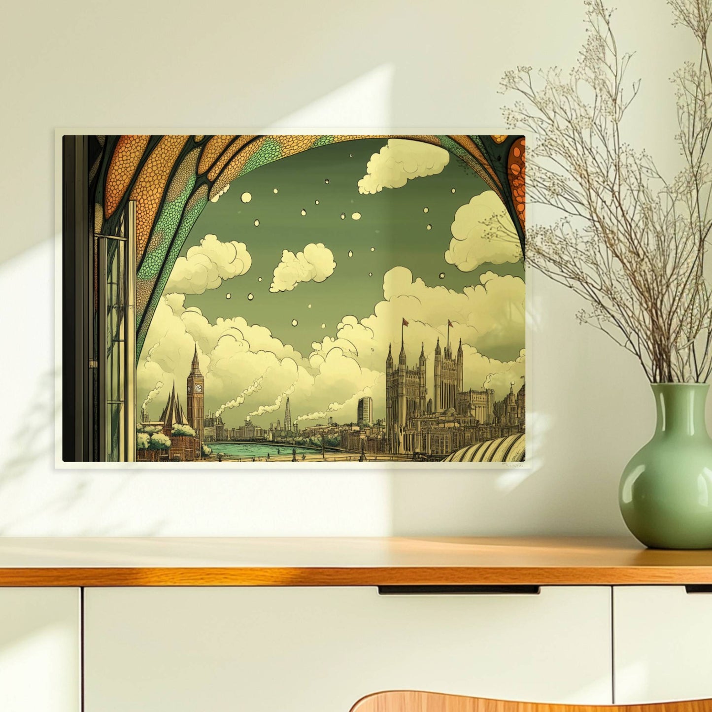 Ausblick durch ein Jugendstil-Fenster auf eine europäische Skyline mit Brücke, Fluss und markanten Gebäuden, verspielte Ornamentik im oberen Fensterbereich.. Ohne Rahmen 70x50