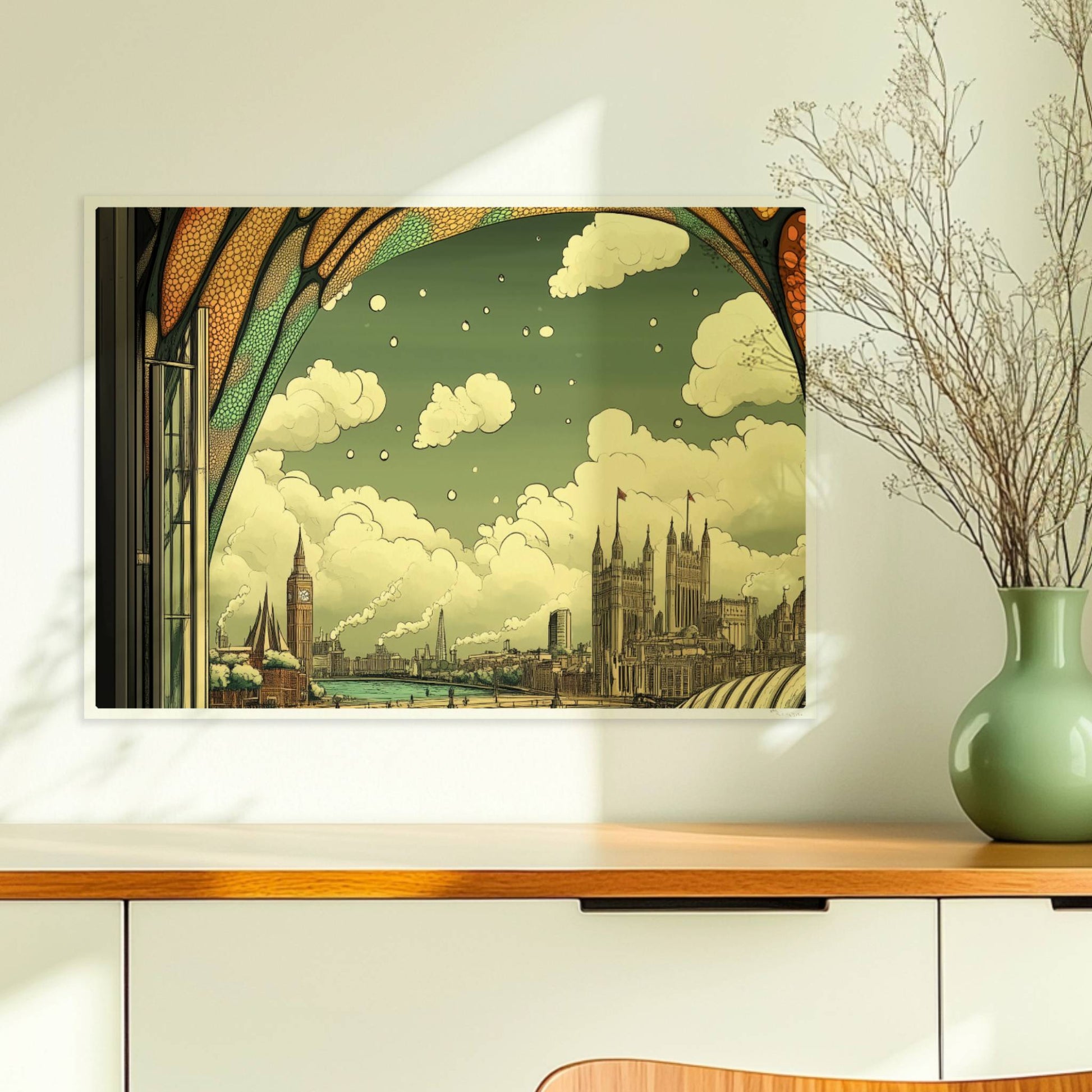 Ausblick durch ein Jugendstil-Fenster auf eine europäische Skyline mit Brücke, Fluss und markanten Gebäuden, verspielte Ornamentik im oberen Fensterbereich.. Ohne Rahmen 70x50