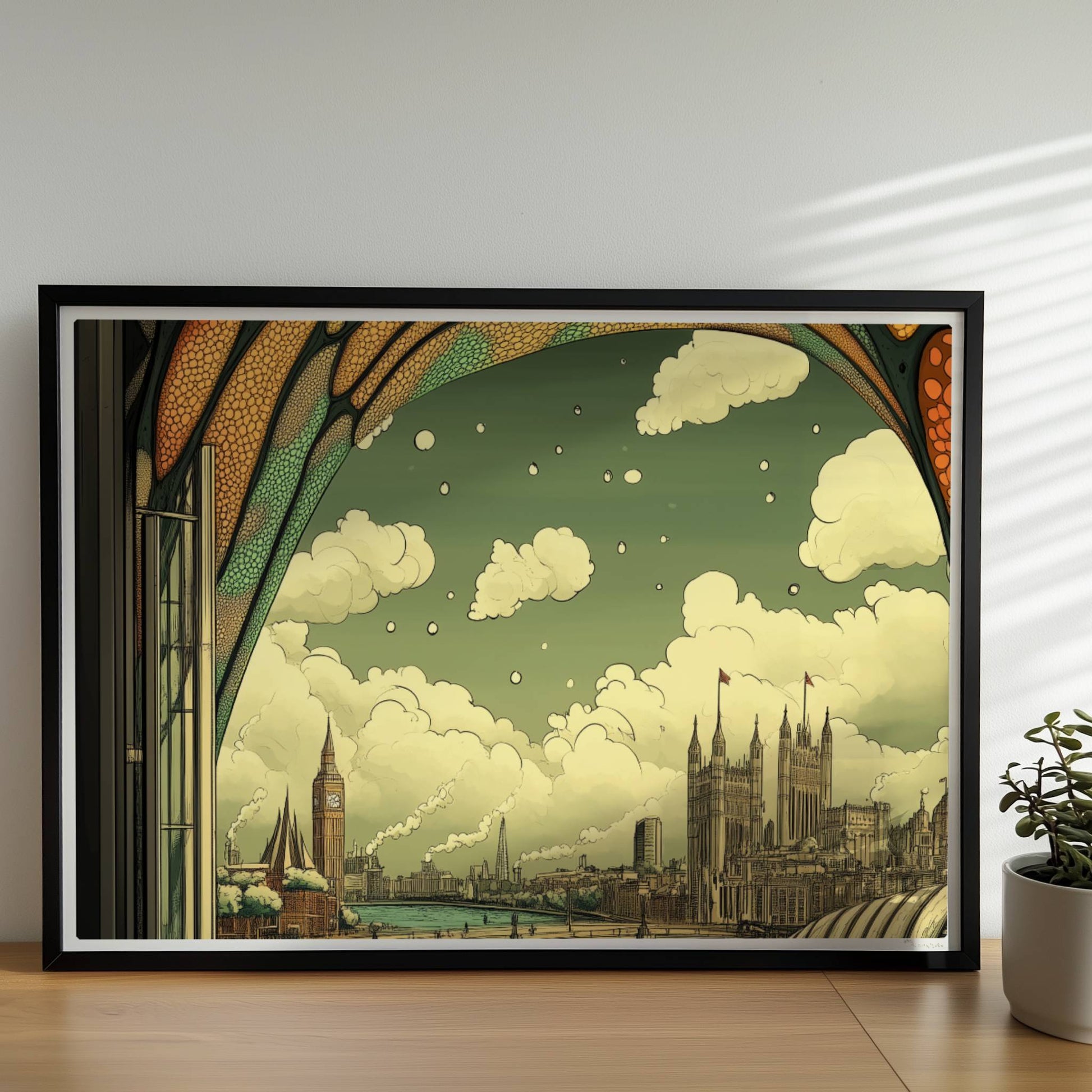Ausblick durch ein Jugendstil-Fenster auf eine europäische Skyline mit Brücke, Fluss und markanten Gebäuden, verspielte Ornamentik im oberen Fensterbereich.. Rahmen schwarz 70x50
