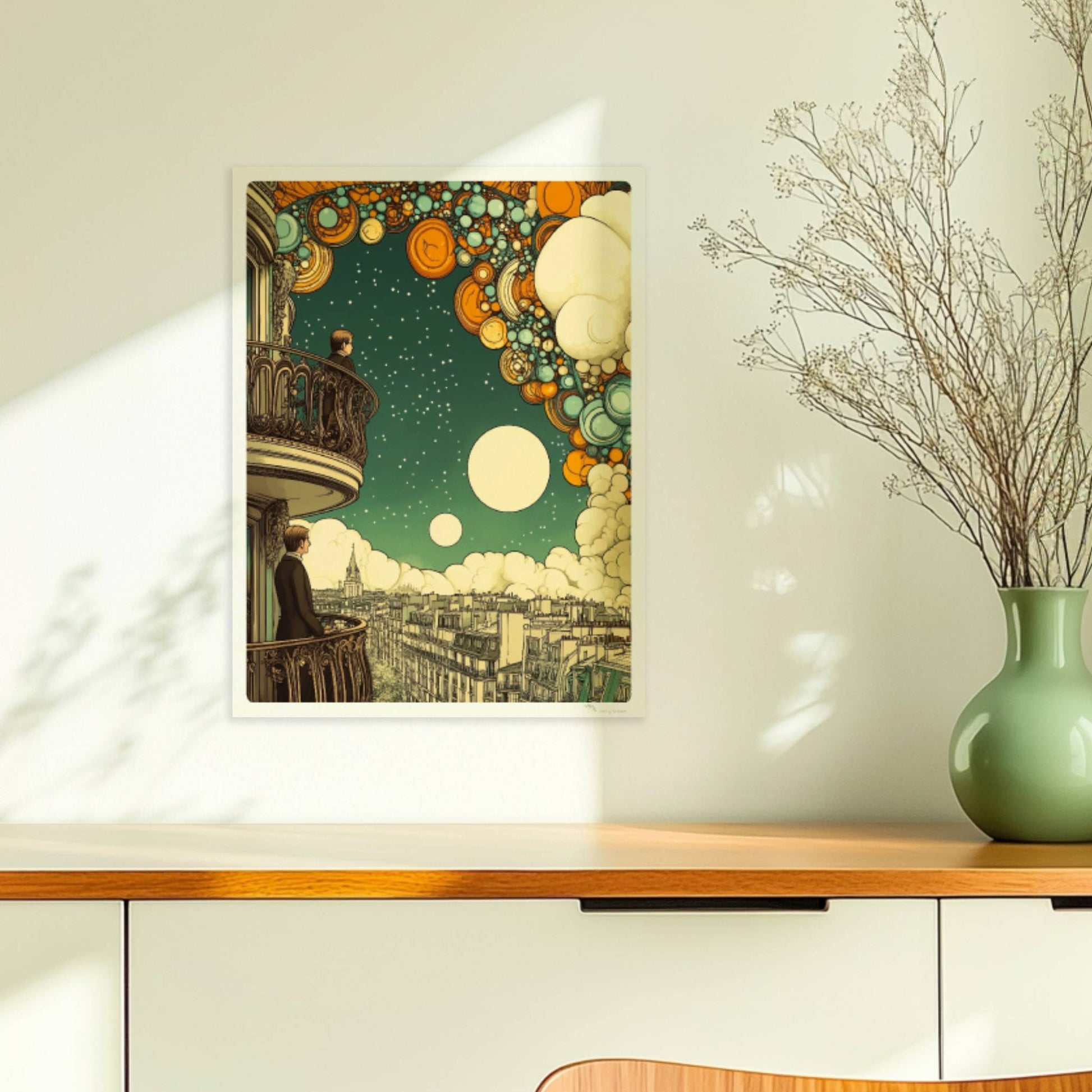 Zwei Männer auf Pariser Balkonen, über ihnen ein fantasievoller Sternenhimmel mit großen, bunten Kugeln und Wolken, Ausblick auf die Stadt.. Ohne Rahmen 30x40