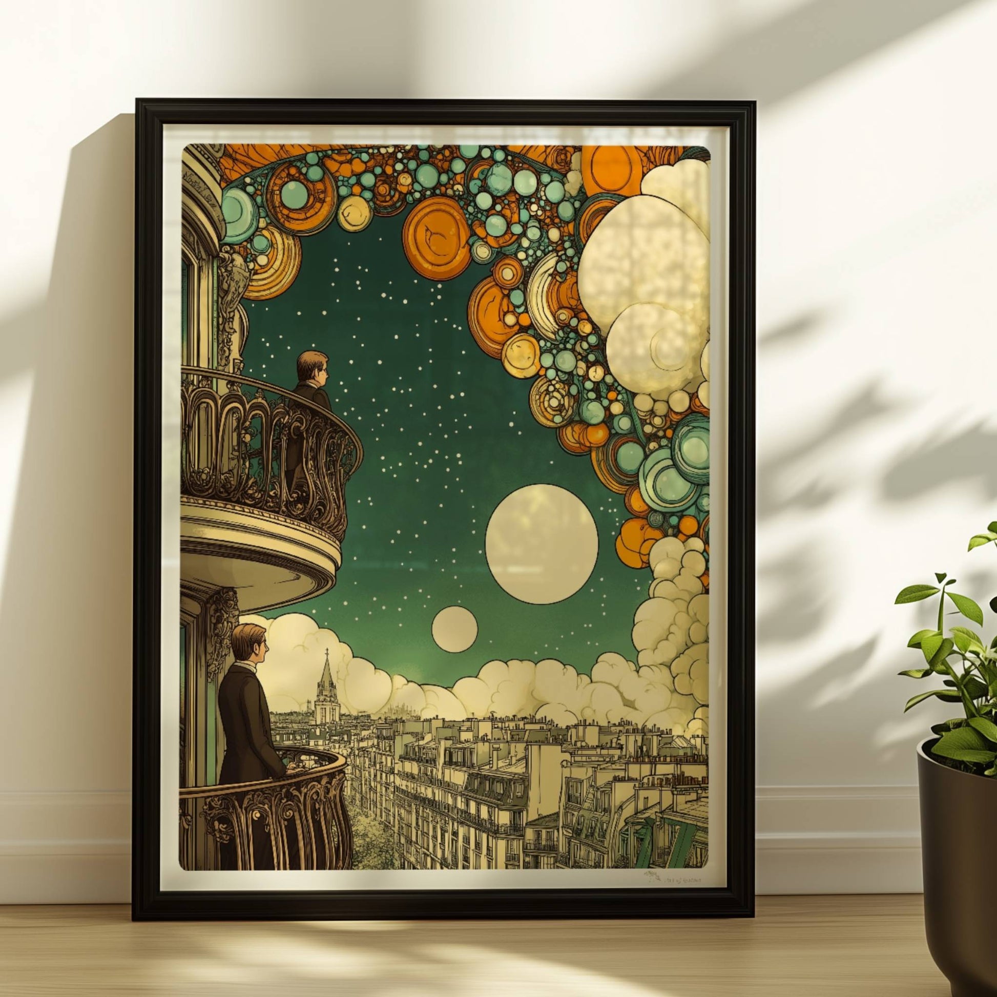 Zwei Männer auf Pariser Balkonen, über ihnen ein fantasievoller Sternenhimmel mit großen, bunten Kugeln und Wolken, Ausblick auf die Stadt.. Rahmen schwarz 30x40