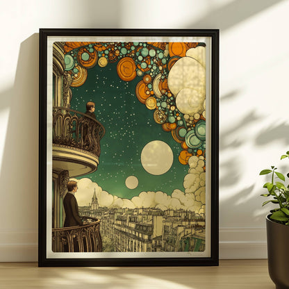 Zwei Männer auf Pariser Balkonen, über ihnen ein fantasievoller Sternenhimmel mit großen, bunten Kugeln und Wolken, Ausblick auf die Stadt.. Rahmen schwarz 30x40