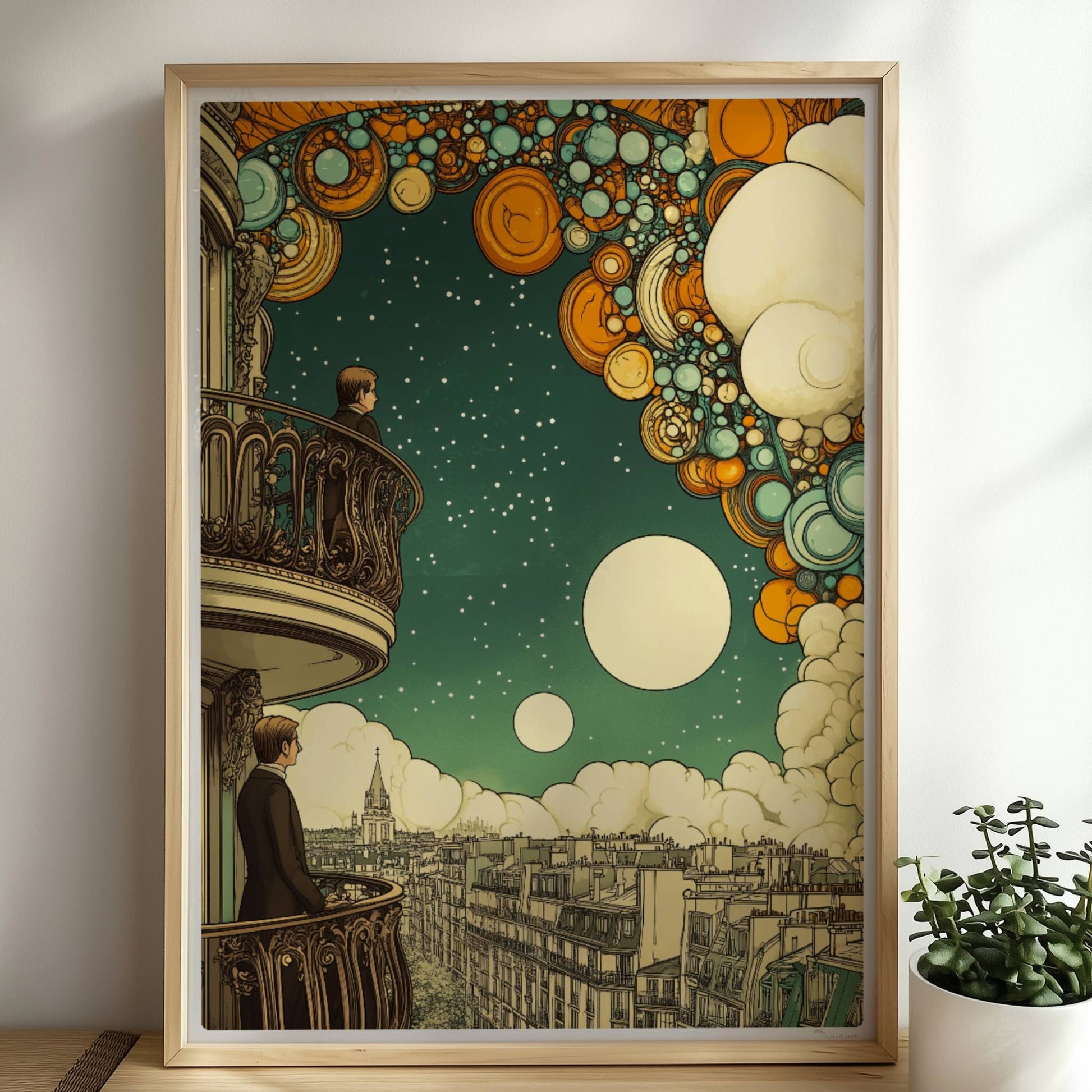 Zwei Männer auf Pariser Balkonen, über ihnen ein fantasievoller Sternenhimmel mit großen, bunten Kugeln und Wolken, Ausblick auf die Stadt.. Rahmen natur 50x70