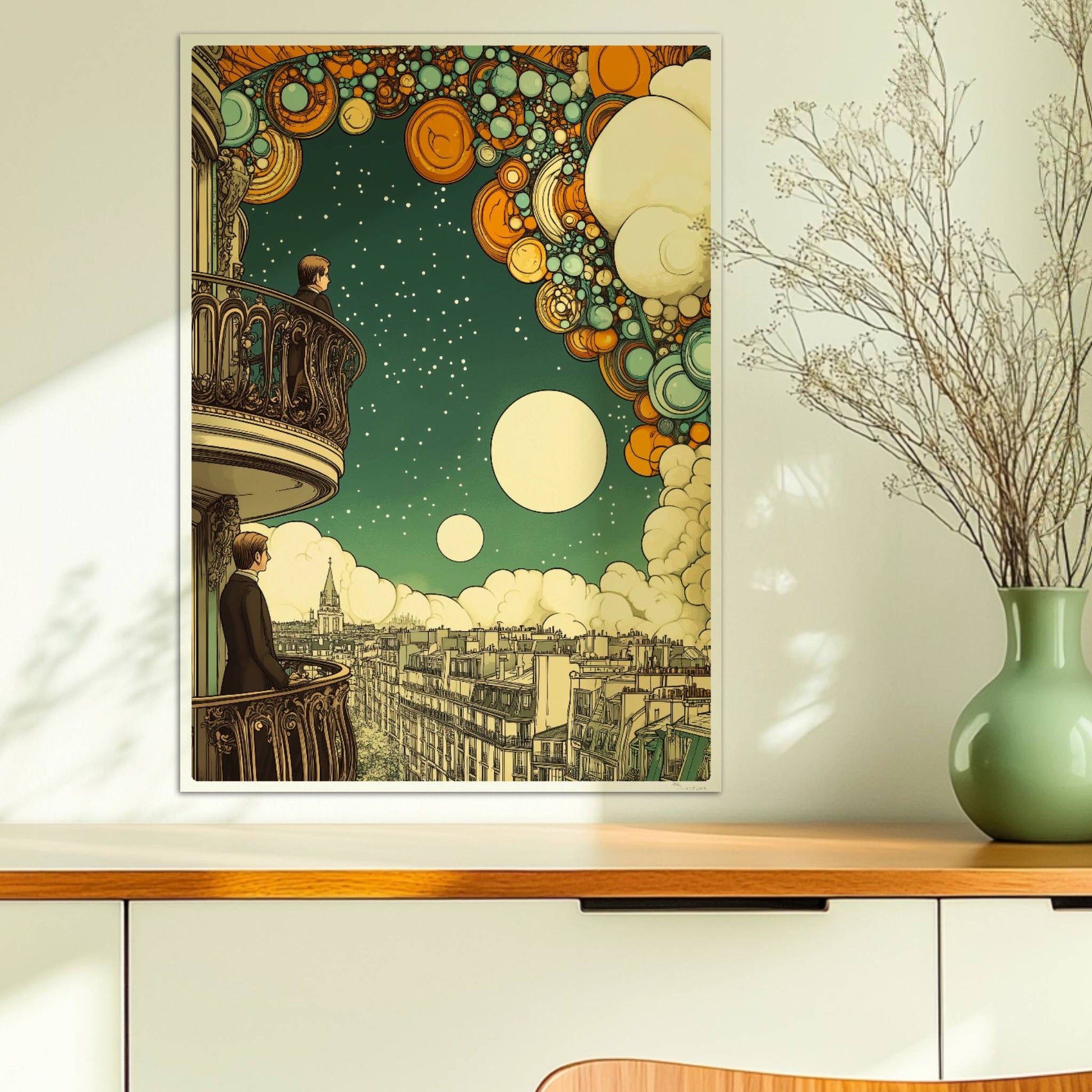 Zwei Männer auf Pariser Balkonen, über ihnen ein fantasievoller Sternenhimmel mit großen, bunten Kugeln und Wolken, Ausblick auf die Stadt.. Ohne Rahmen 50x70