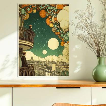 Zwei Männer auf Pariser Balkonen, über ihnen ein fantasievoller Sternenhimmel mit großen, bunten Kugeln und Wolken, Ausblick auf die Stadt.. Ohne Rahmen 50x70
