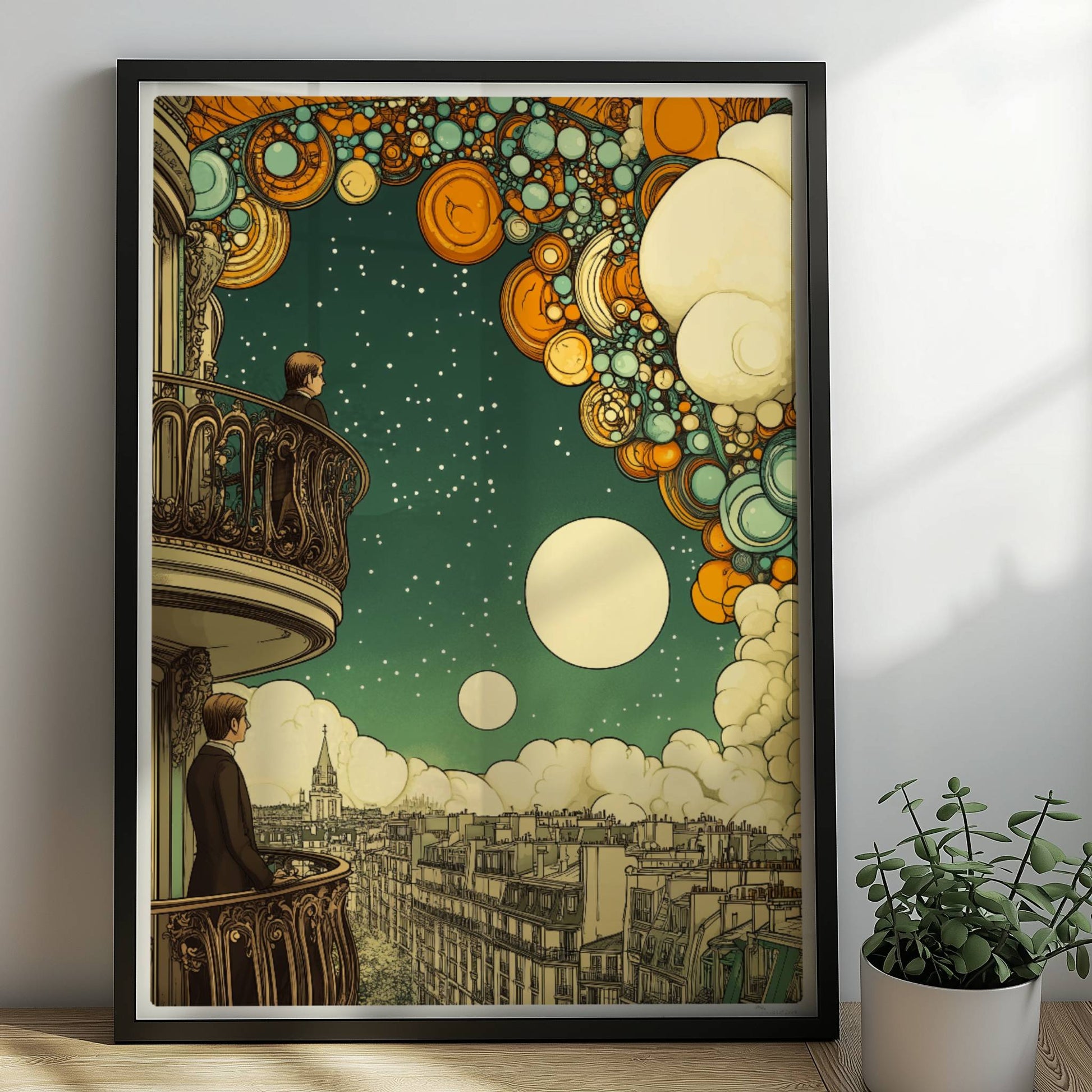 Zwei Männer auf Pariser Balkonen, über ihnen ein fantasievoller Sternenhimmel mit großen, bunten Kugeln und Wolken, Ausblick auf die Stadt.. Rahmen schwarz 50x70