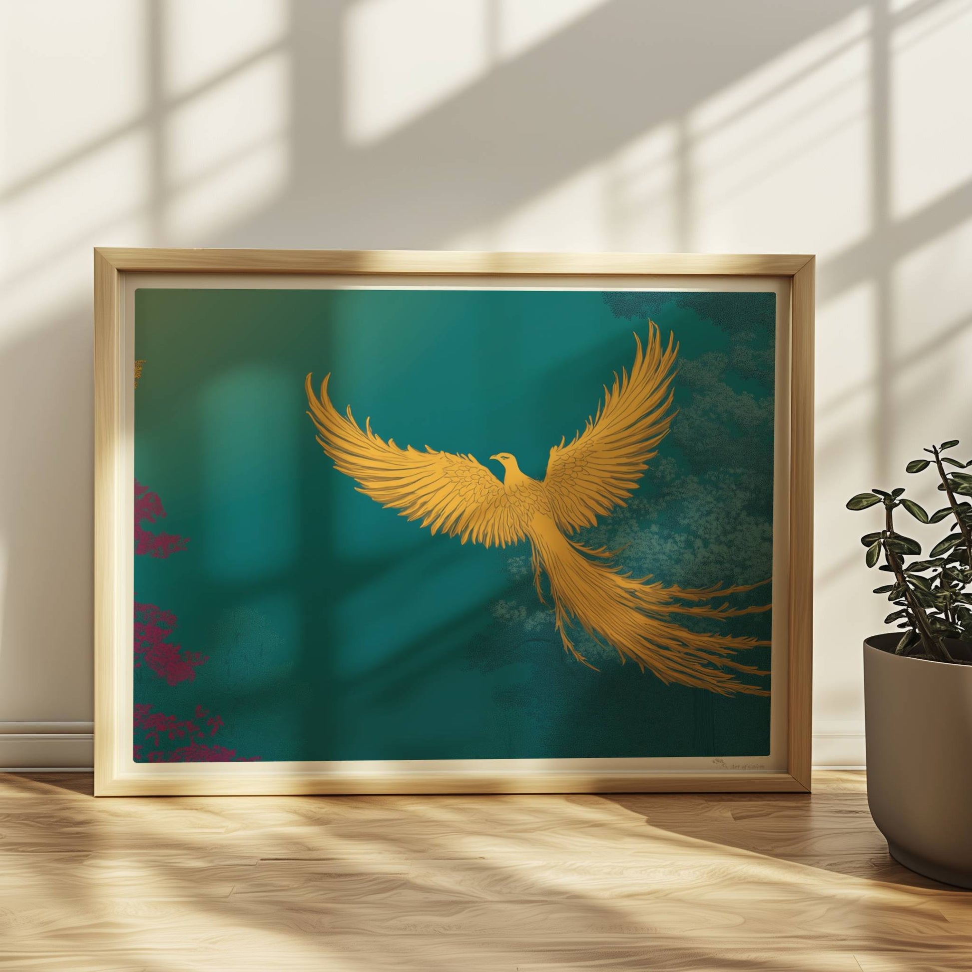 Goldener Phönix mit ausgebreiteten Flügeln, der aus dem Schatten über einen mystischen Wald fliegt, in kräftigen Türkis- und Grüntönen.. Rahmen natur 40x30
