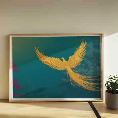 Goldener Phönix mit ausgebreiteten Flügeln, der aus dem Schatten über einen mystischen Wald fliegt, in kräftigen Türkis- und Grüntönen.. Rahmen natur 70x50