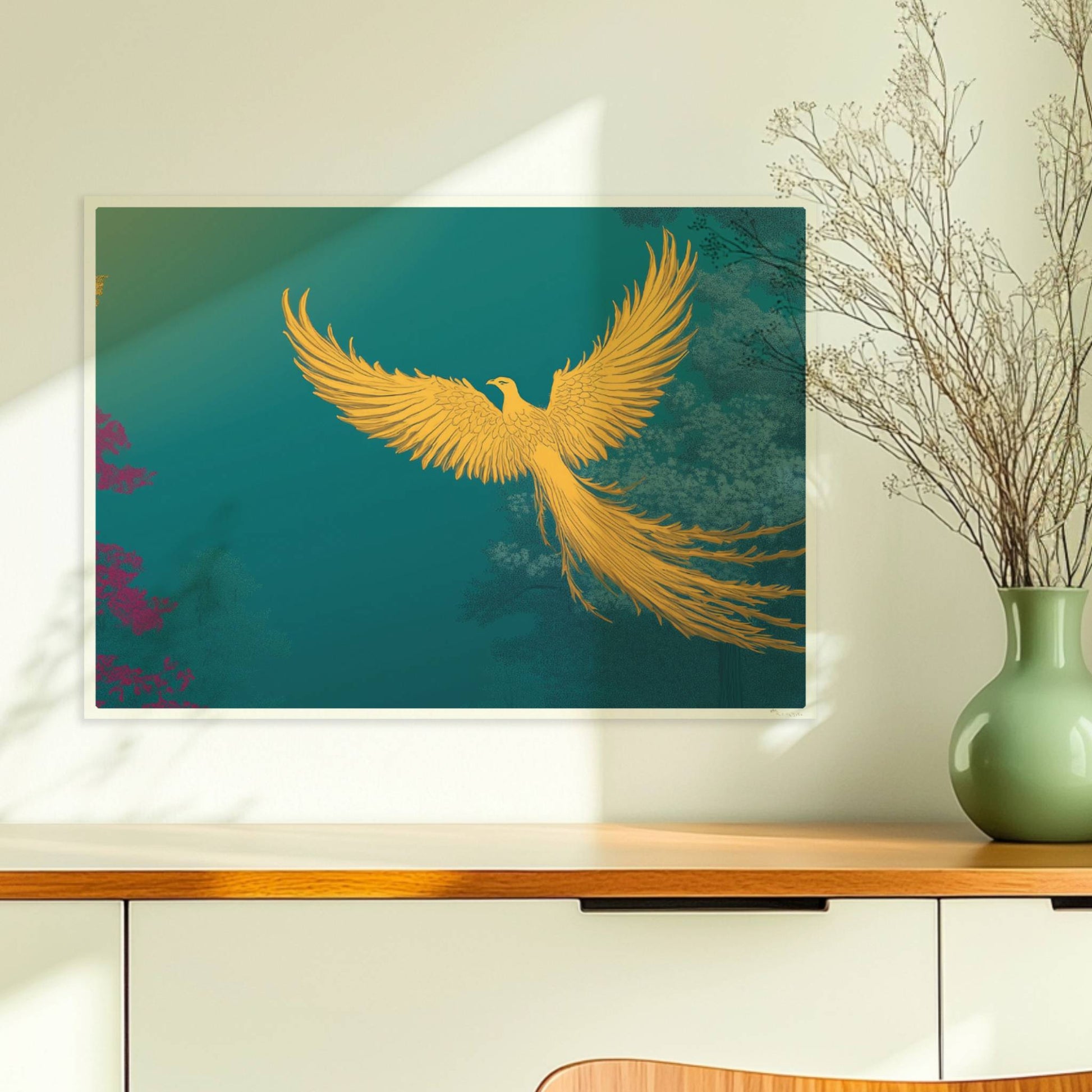 Goldener Phönix mit ausgebreiteten Flügeln, der aus dem Schatten über einen mystischen Wald fliegt, in kräftigen Türkis- und Grüntönen.. Ohne Rahmen 70x50