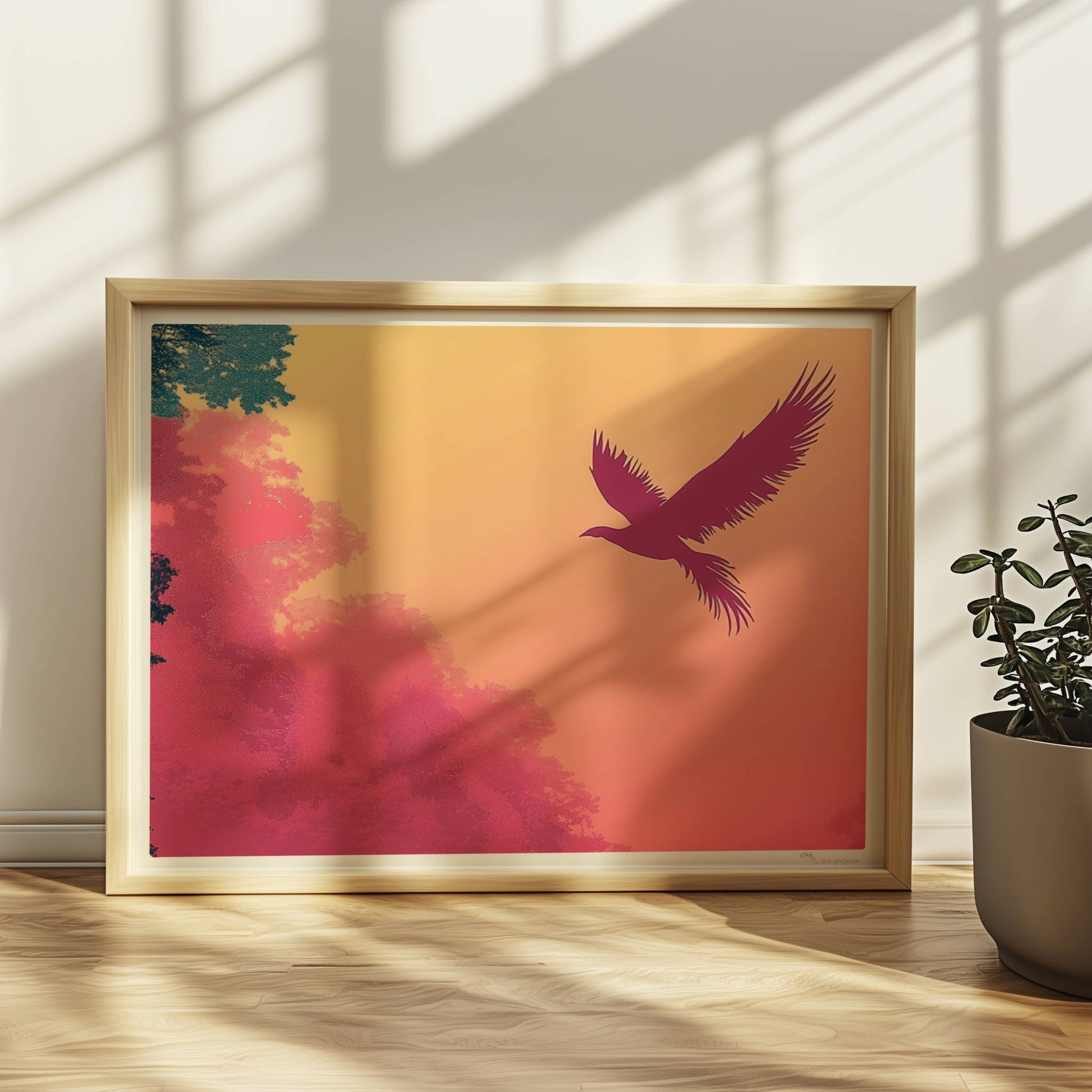 Stilisierter Phönix fliegt über nebeligen, pastellfarbenen Bäumen im Sonnenaufgang – harmonische Farben von Rosa bis Gelb.. Rahmen natur 40x30