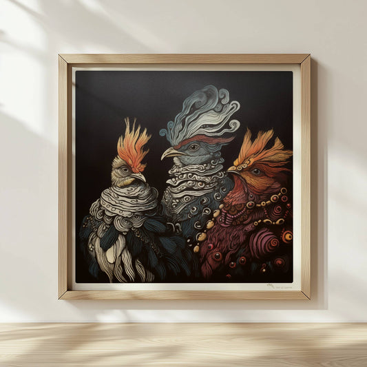Drei fantasievolle, royale Hühner im Porträt, kunstvoll illustriert mit verschnörkelten Federn und prächtigen Details vor dunklem Hintergrund.. Rahmen natur 30x30