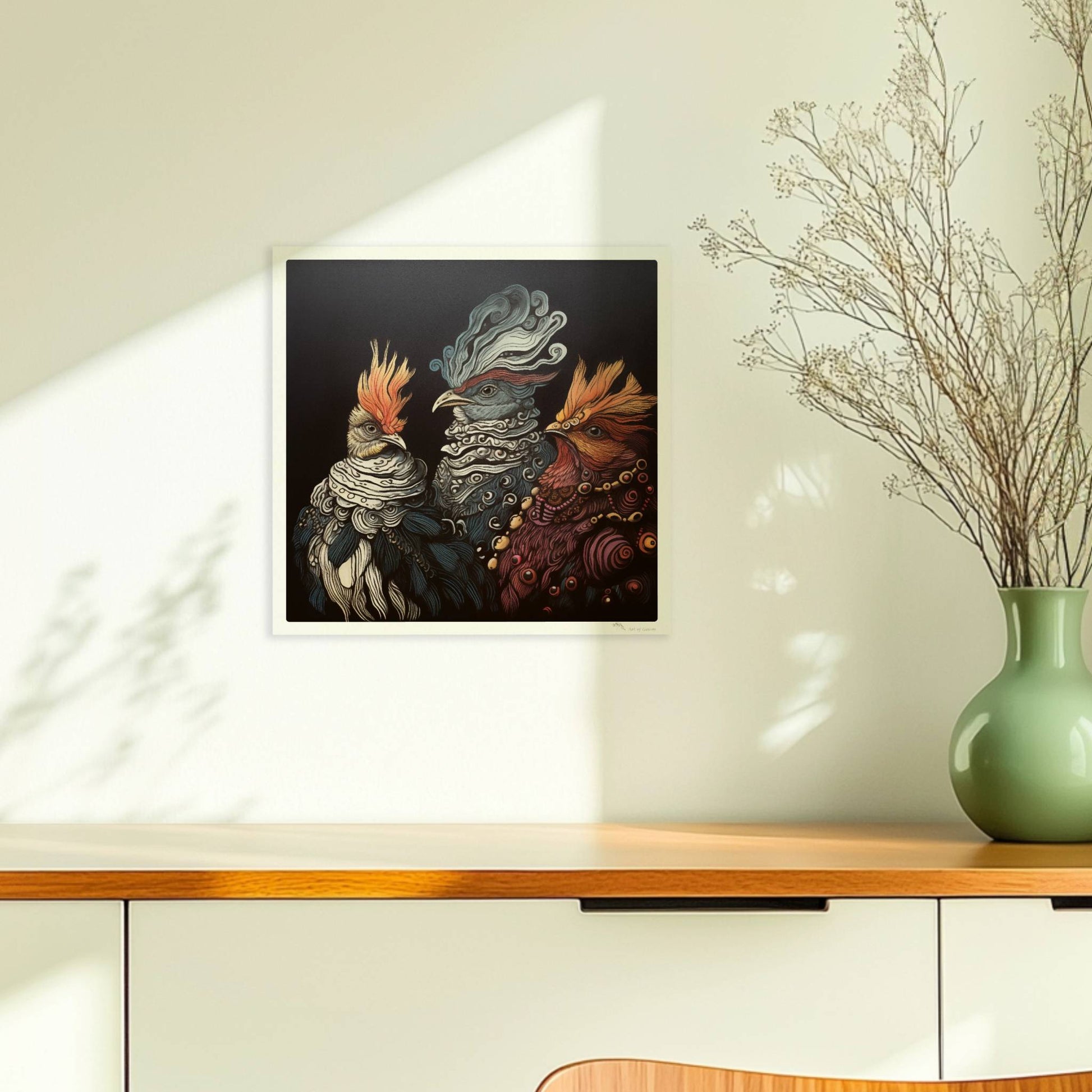 Drei fantasievolle, royale Hühner im Porträt, kunstvoll illustriert mit verschnörkelten Federn und prächtigen Details vor dunklem Hintergrund.. Ohne Rahmen 30x30