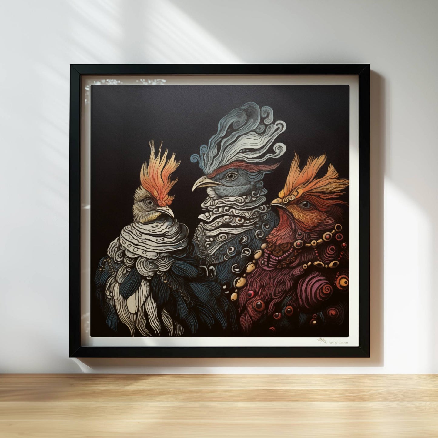Drei fantasievolle, royale Hühner im Porträt, kunstvoll illustriert mit verschnörkelten Federn und prächtigen Details vor dunklem Hintergrund.. Rahmen schwarz 30x30
