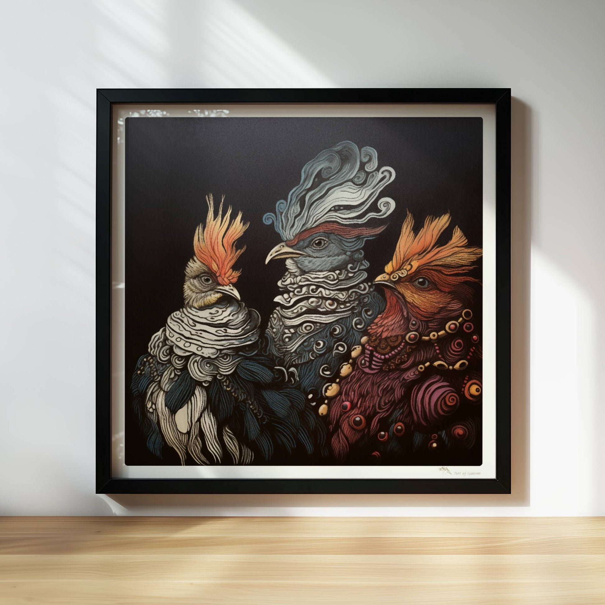 Drei fantasievolle, royale Hühner im Porträt, kunstvoll illustriert mit verschnörkelten Federn und prächtigen Details vor dunklem Hintergrund.. Rahmen schwarz 30x30