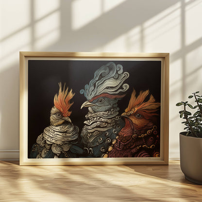Drei fantasievolle, royale Hühner im Porträt, kunstvoll illustriert mit verschnörkelten Federn und prächtigen Details vor dunklem Hintergrund.. Rahmen natur 40x30