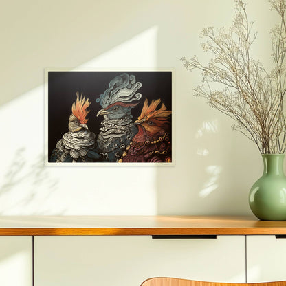 Drei fantasievolle, royale Hühner im Porträt, kunstvoll illustriert mit verschnörkelten Federn und prächtigen Details vor dunklem Hintergrund.. Ohne Rahmen 40x30