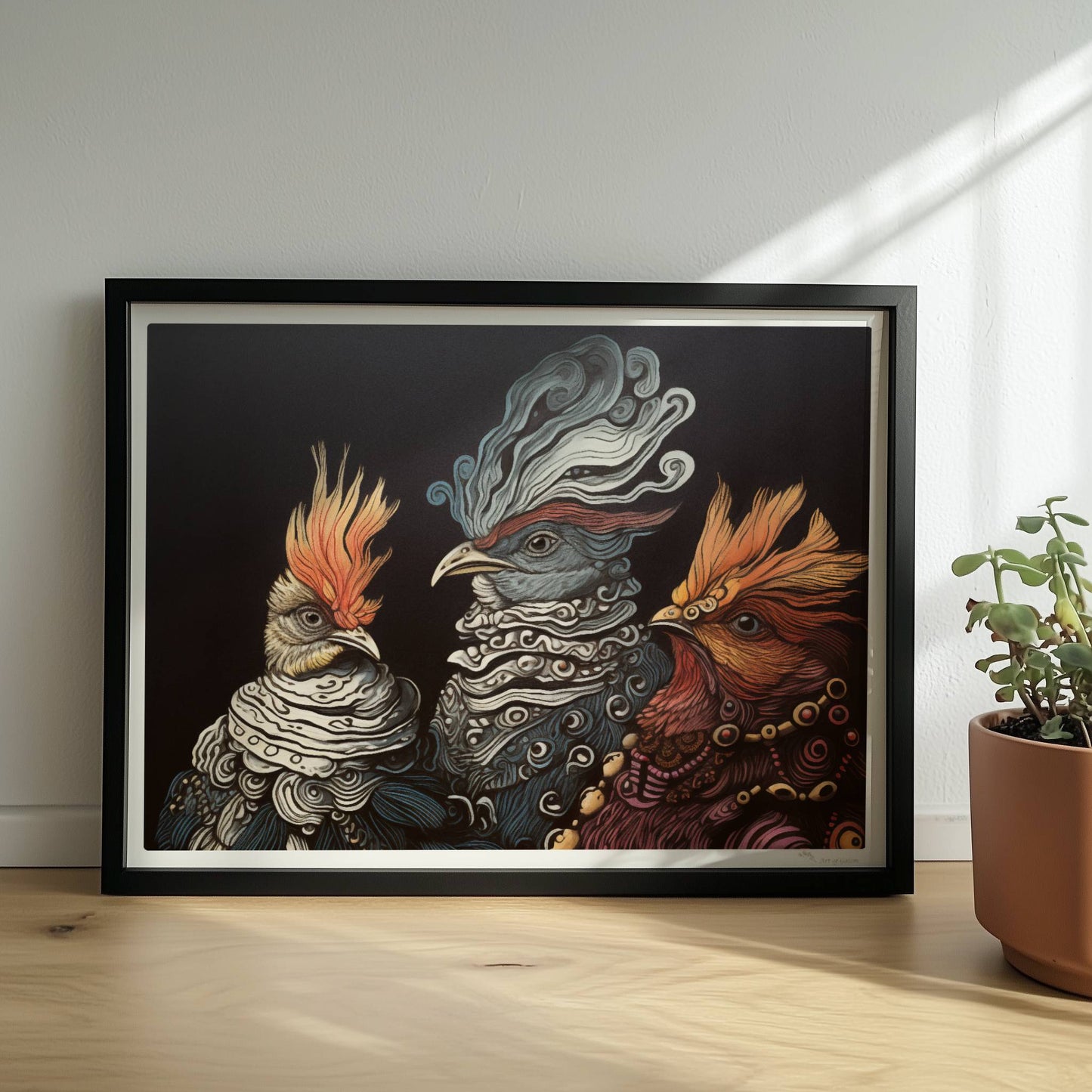 Drei fantasievolle, royale Hühner im Porträt, kunstvoll illustriert mit verschnörkelten Federn und prächtigen Details vor dunklem Hintergrund.. Rahmen schwarz 40x30
