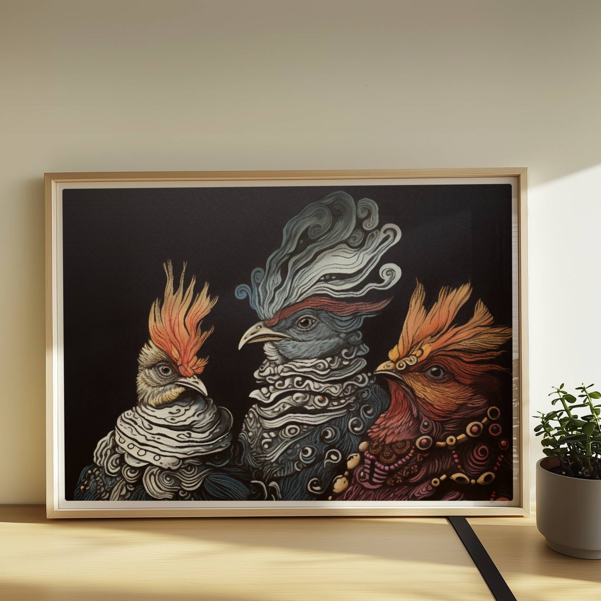 Drei fantasievolle, royale Hühner im Porträt, kunstvoll illustriert mit verschnörkelten Federn und prächtigen Details vor dunklem Hintergrund.. Rahmen natur 70x50