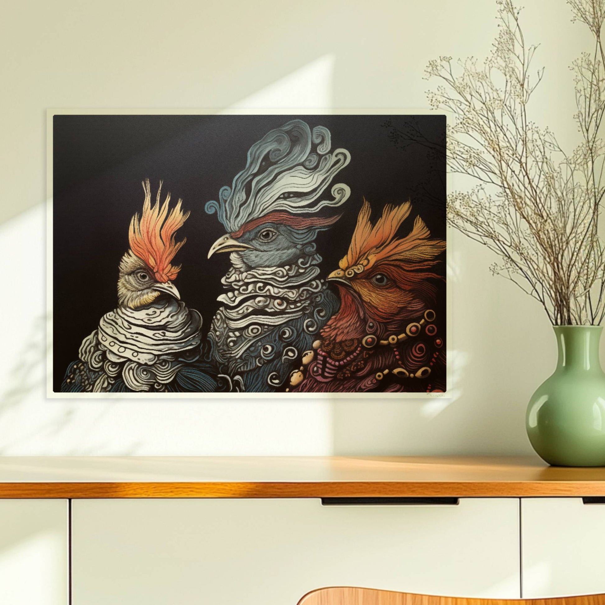 Drei fantasievolle, royale Hühner im Porträt, kunstvoll illustriert mit verschnörkelten Federn und prächtigen Details vor dunklem Hintergrund.. Ohne Rahmen 70x50