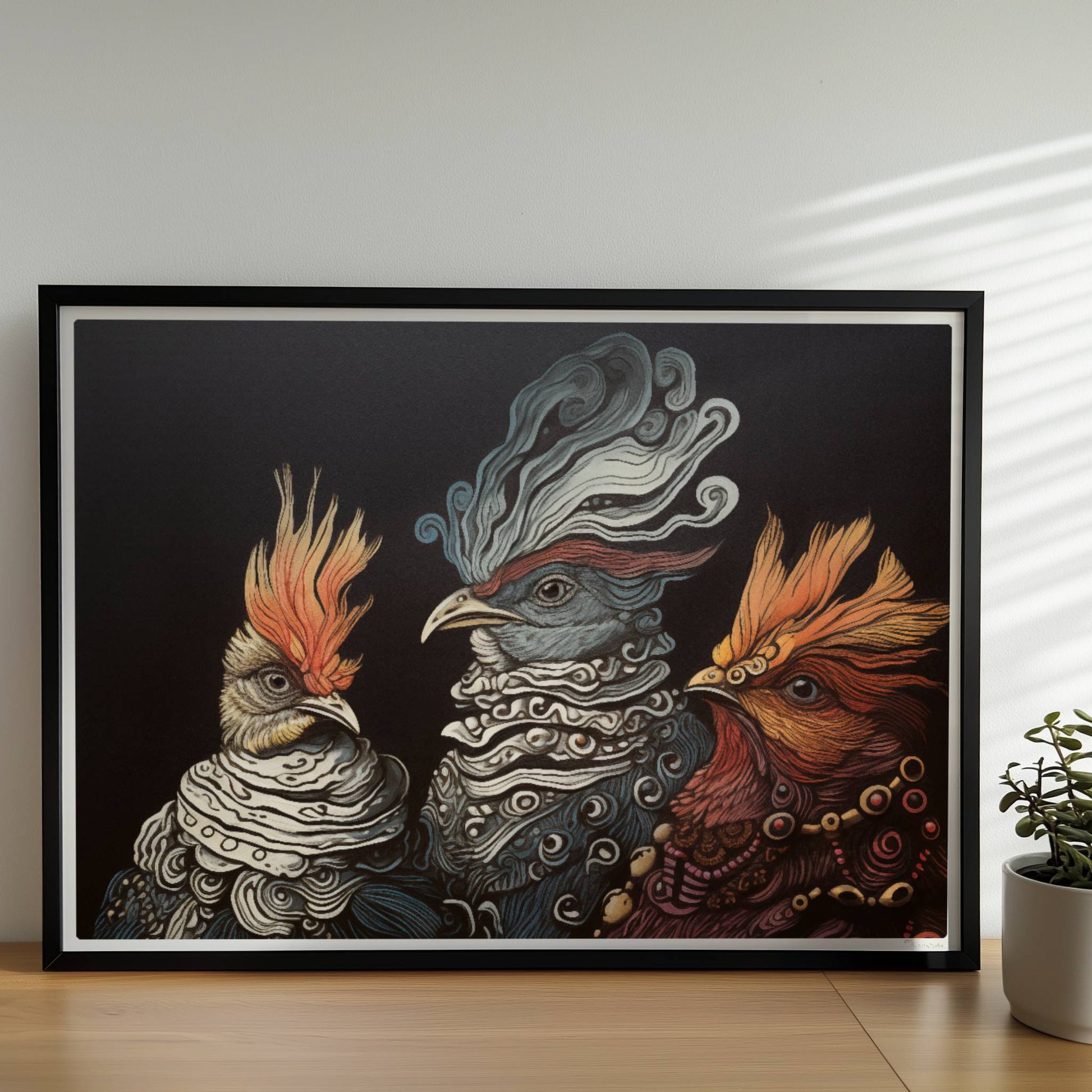 Drei fantasievolle, royale Hühner im Porträt, kunstvoll illustriert mit verschnörkelten Federn und prächtigen Details vor dunklem Hintergrund.. Rahmen schwarz 70x50