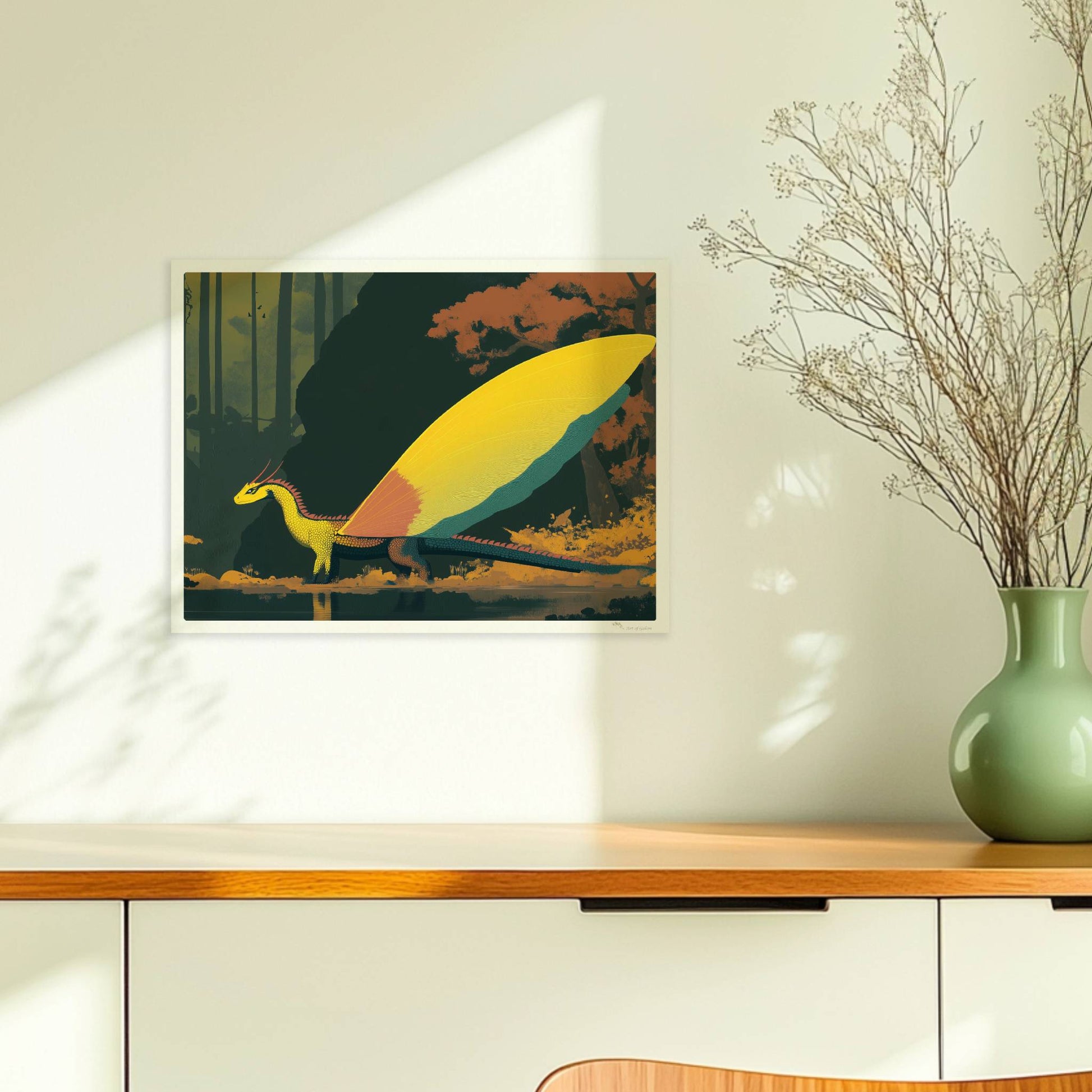 Fantasie-Drache mit leuchtenden Schmetterlingsflügeln steht am Waldrand, goldenes Licht und mystische Atmosphäre.. Ohne Rahmen 40x30