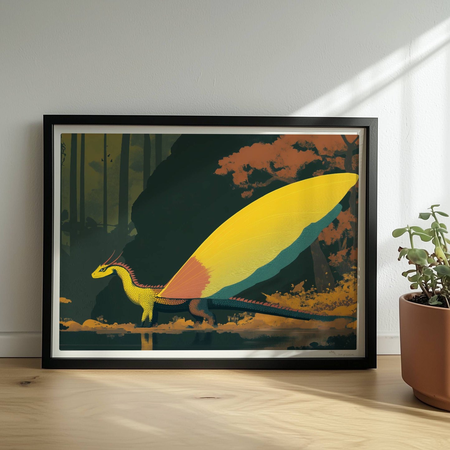 Fantasie-Drache mit leuchtenden Schmetterlingsflügeln steht am Waldrand, goldenes Licht und mystische Atmosphäre.. Rahmen schwarz 40x30