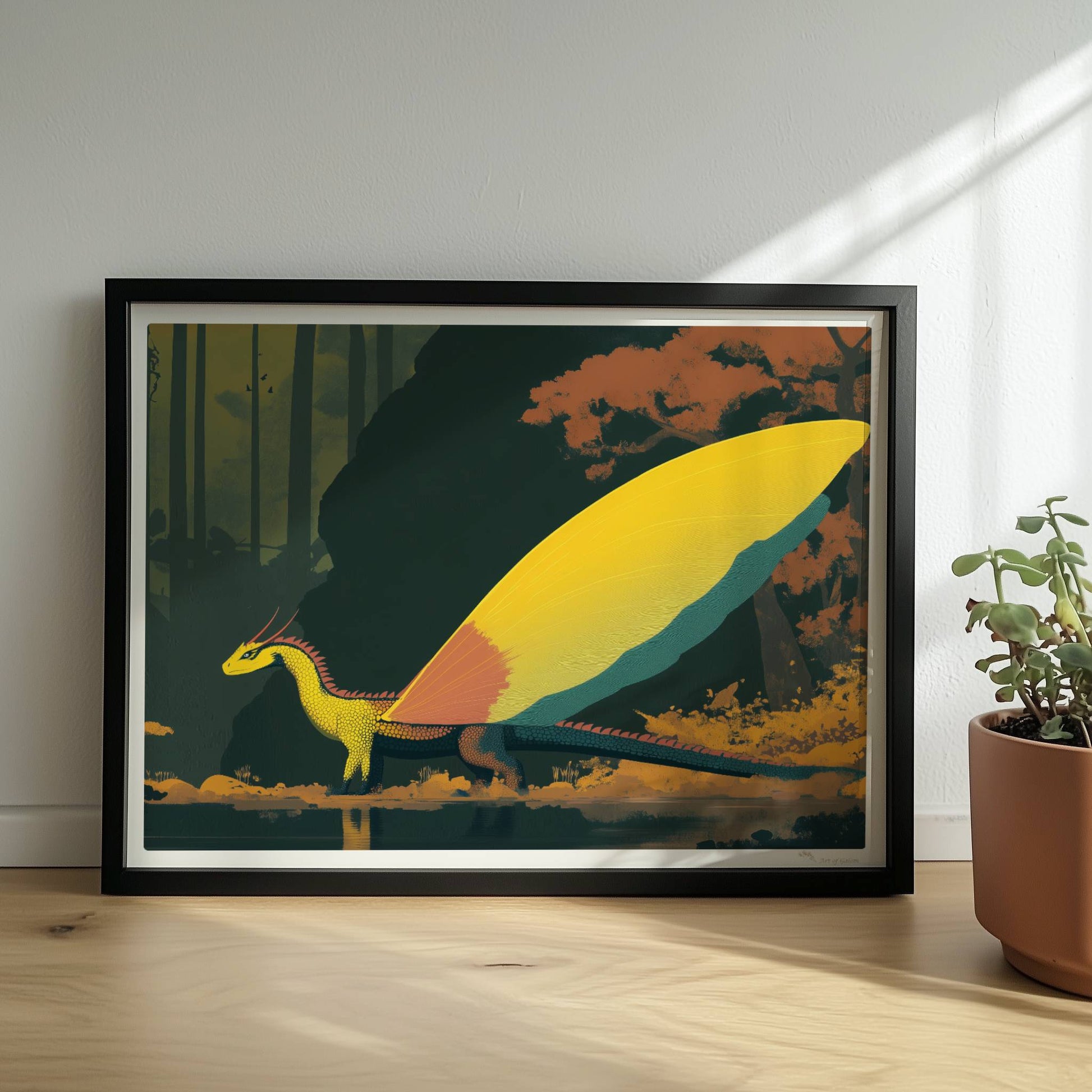 Fantasie-Drache mit leuchtenden Schmetterlingsflügeln steht am Waldrand, goldenes Licht und mystische Atmosphäre.. Rahmen schwarz 40x30