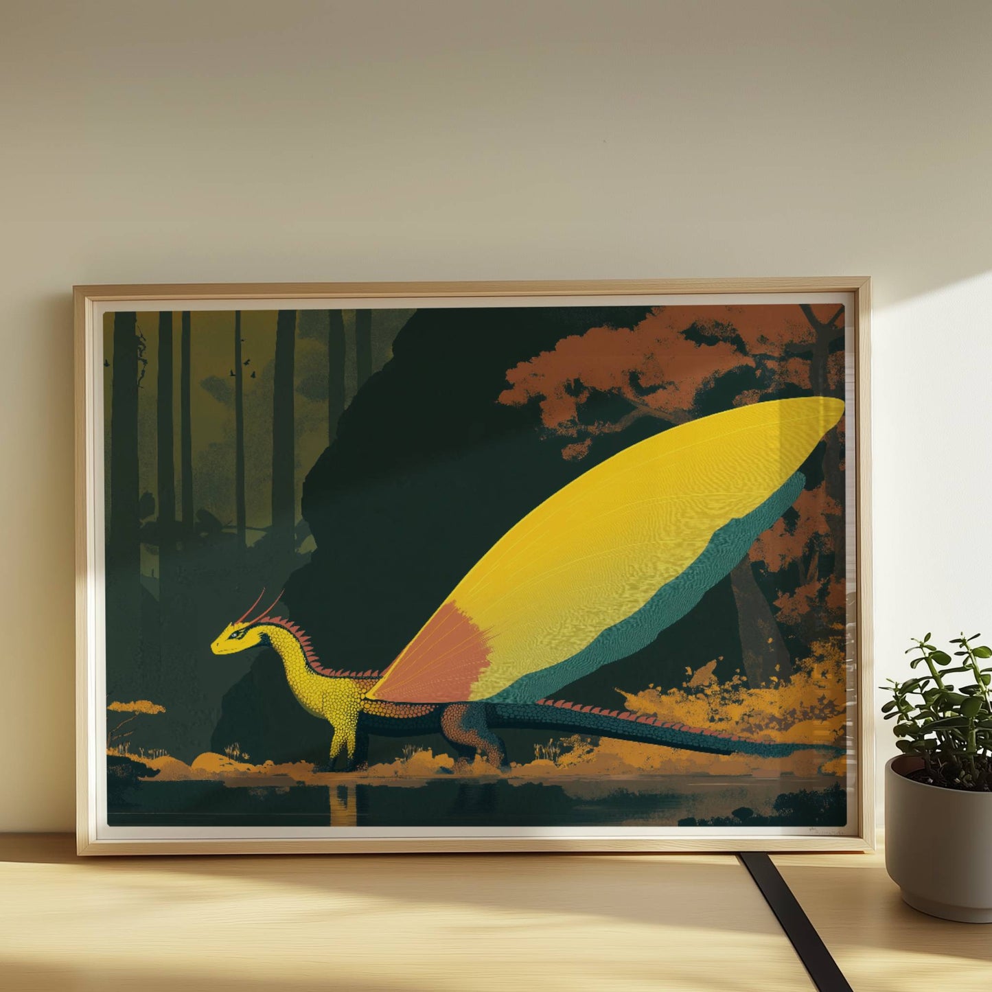 Fantasie-Drache mit leuchtenden Schmetterlingsflügeln steht am Waldrand, goldenes Licht und mystische Atmosphäre.. Rahmen natur 70x50