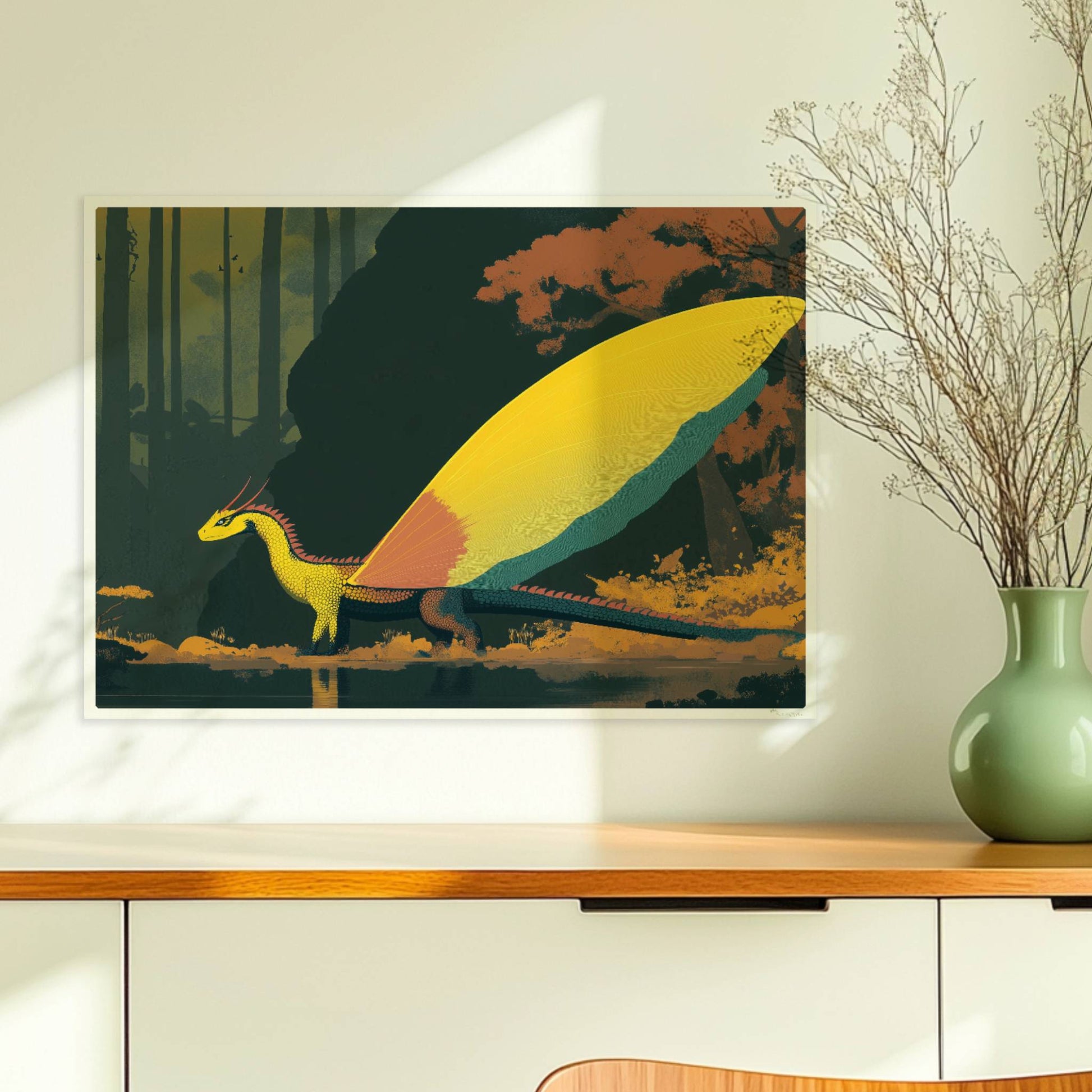 Fantasie-Drache mit leuchtenden Schmetterlingsflügeln steht am Waldrand, goldenes Licht und mystische Atmosphäre.. Ohne Rahmen 70x50