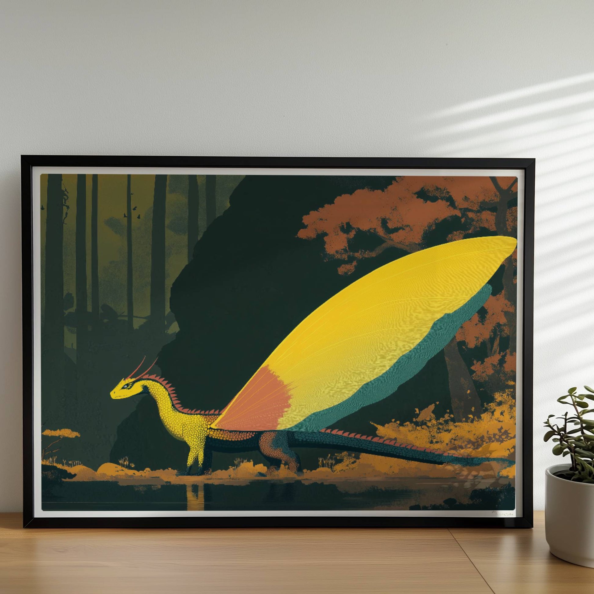 Fantasie-Drache mit leuchtenden Schmetterlingsflügeln steht am Waldrand, goldenes Licht und mystische Atmosphäre.. Rahmen schwarz 70x50
